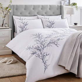 Laura Ashley Pussy Willow Sprig Embroidered Duvet Cover Bedding Set Midnight