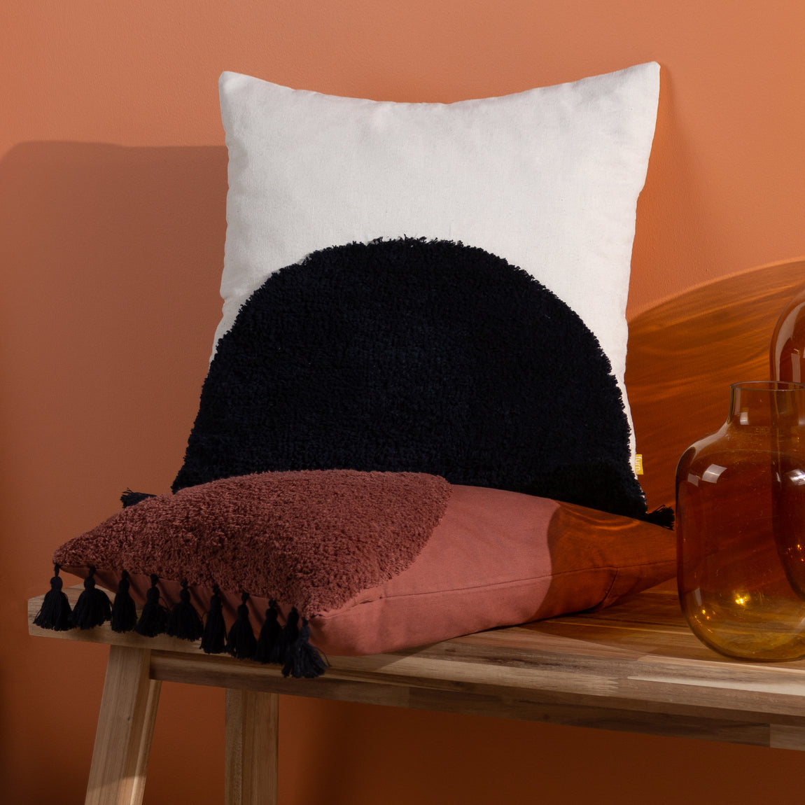 furn. Radian Semi Circle Tufted Cotton Tasselled 45cm x 45cm Filled Cushion Brick