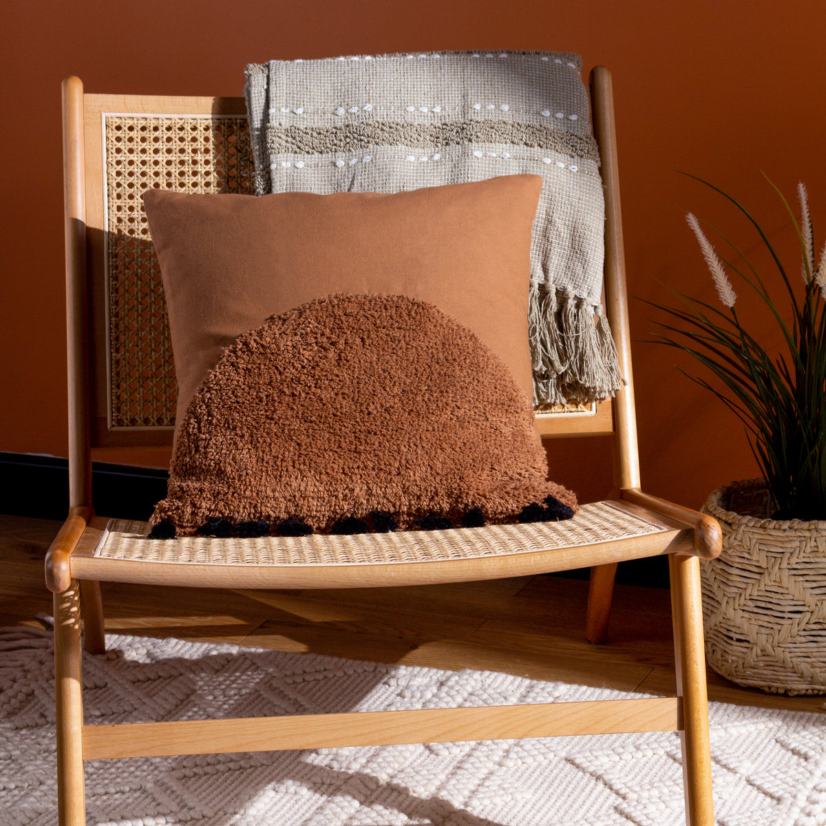 furn. Radian Semi Circle Tufted Cotton Tasselled 45cm x 45cm Filled Cushion Cinnamon