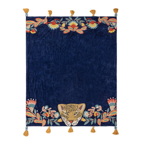 Regal Leopard Embroidered Tasselled Throw 130cm x 150cm Royal Blue