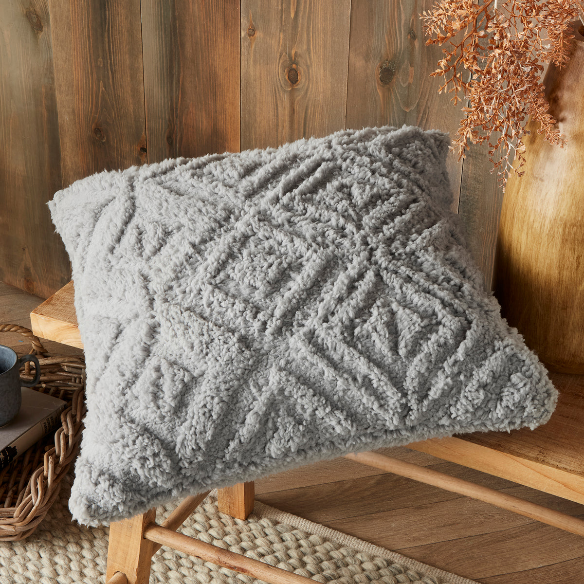Fusion Geo Fleece and Sherpa Filled Cushion 43cm x 43cm Grey