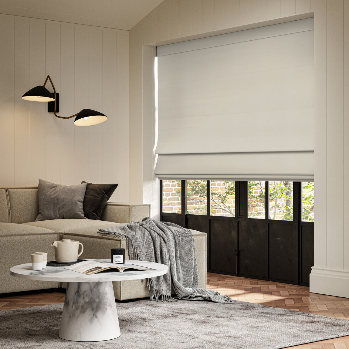 ANTE DECOR Virtus NO JOINS Soft Dim Out Made To Measure Roman Blind Pearl
