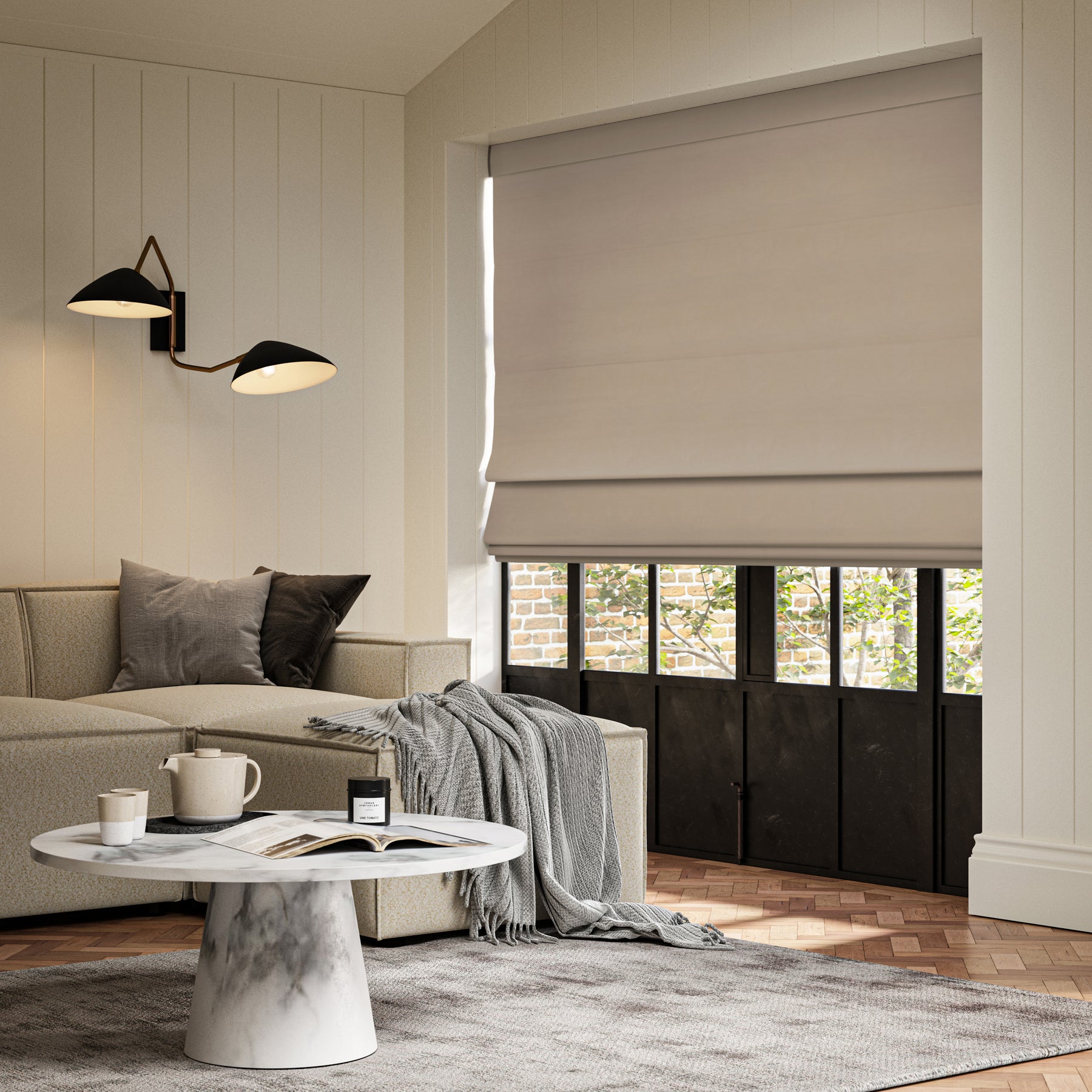 ANTE DECOR Virtus NO JOINS Soft Dim Out Made To Measure Roman Blind Nougat