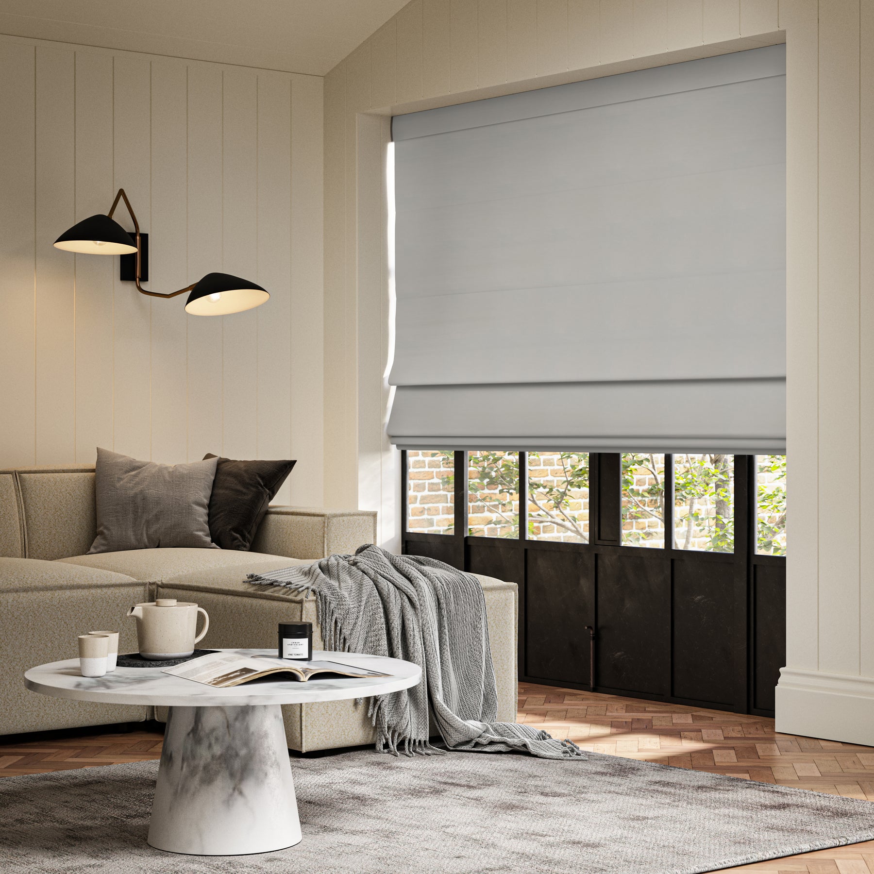 ANTE DECOR Virtus NO JOINS Soft Dim Out Made To Measure Roman Blind Steel