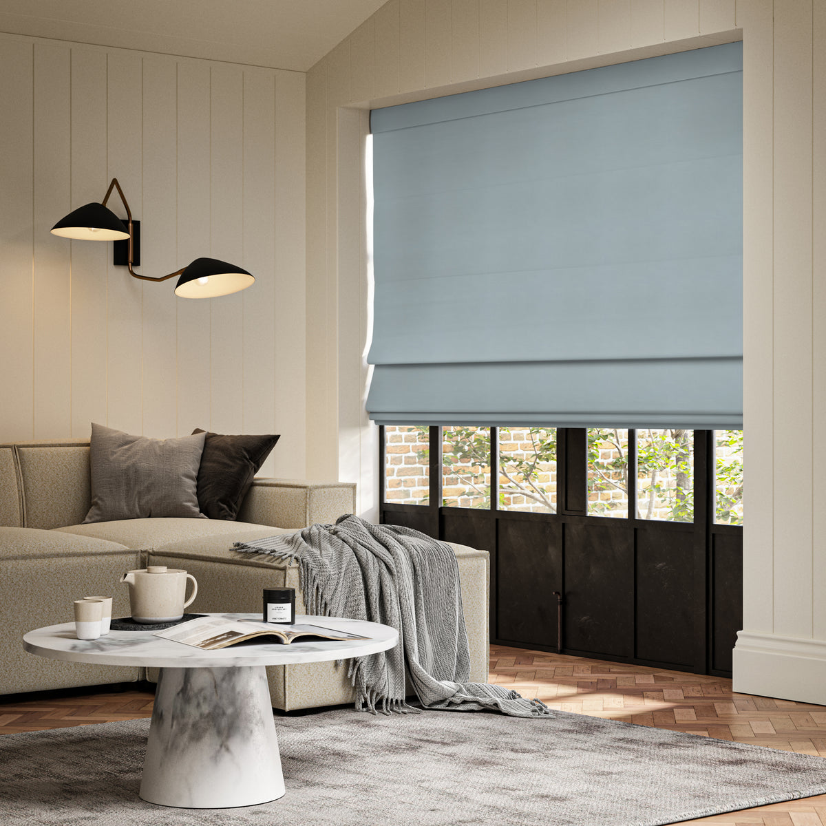ANTE DECOR Virtus NO JOINS Soft Dim Out Made To Measure Roman Blind China Blue