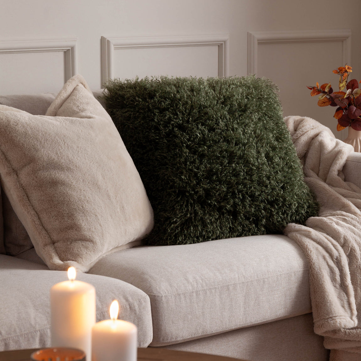 Rowan Faux Fur Filled Cushion 50cm x 50cm Khaki