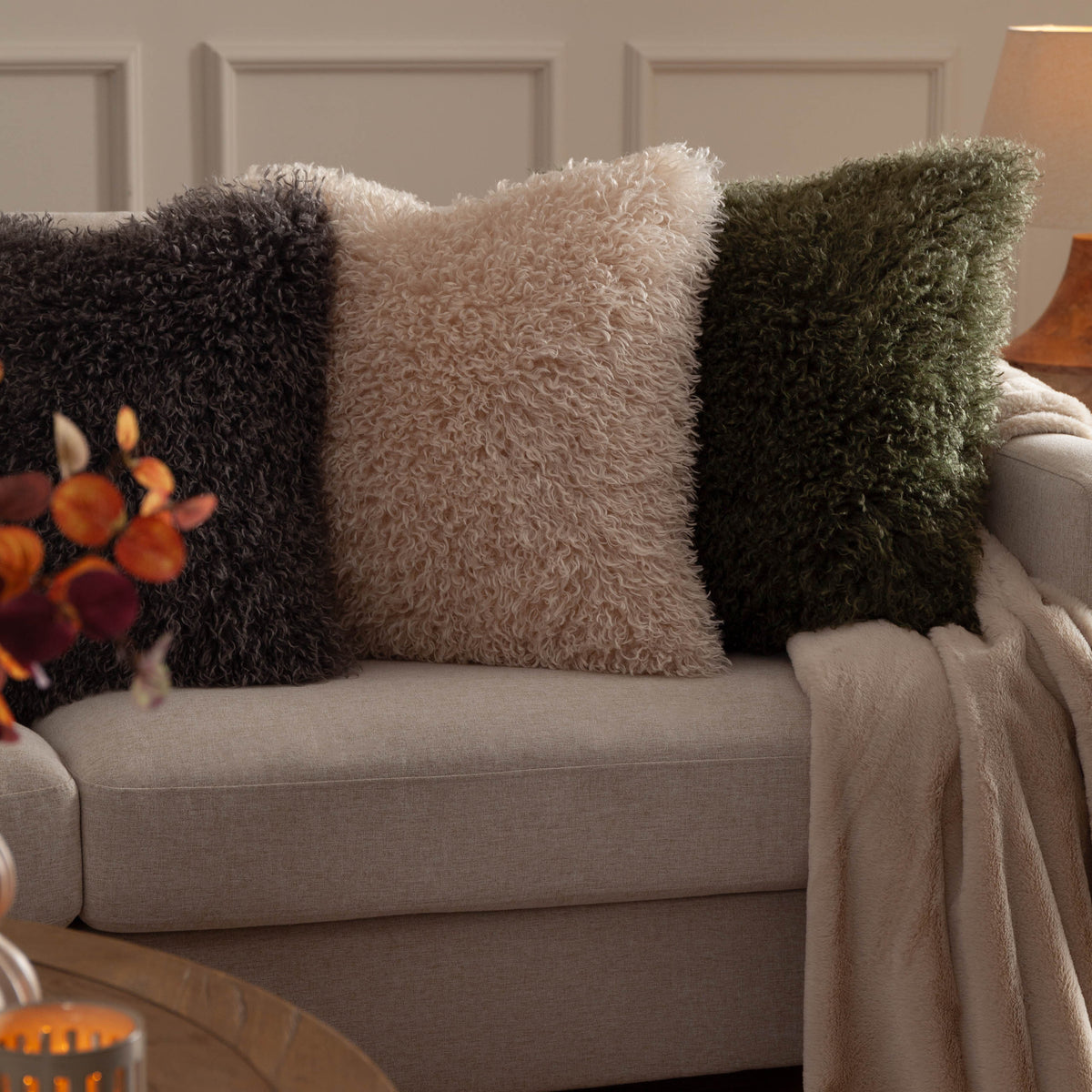 Rowan Faux Fur Filled Cushion 50cm x 50cm Khaki