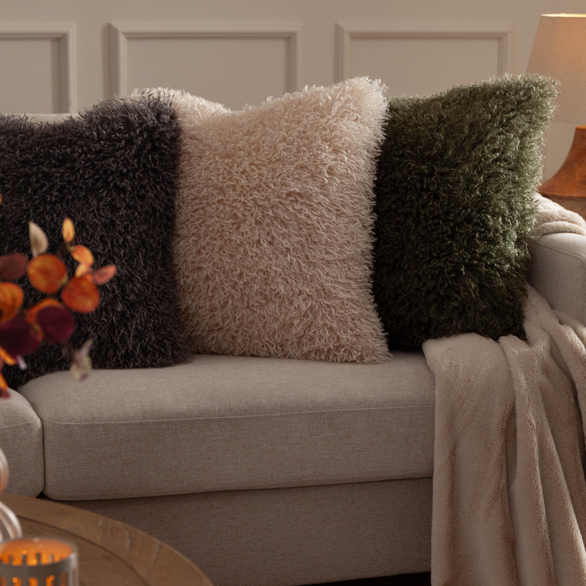 Rowan Faux Fur Filled Cushion 50cm x 50cm Khaki