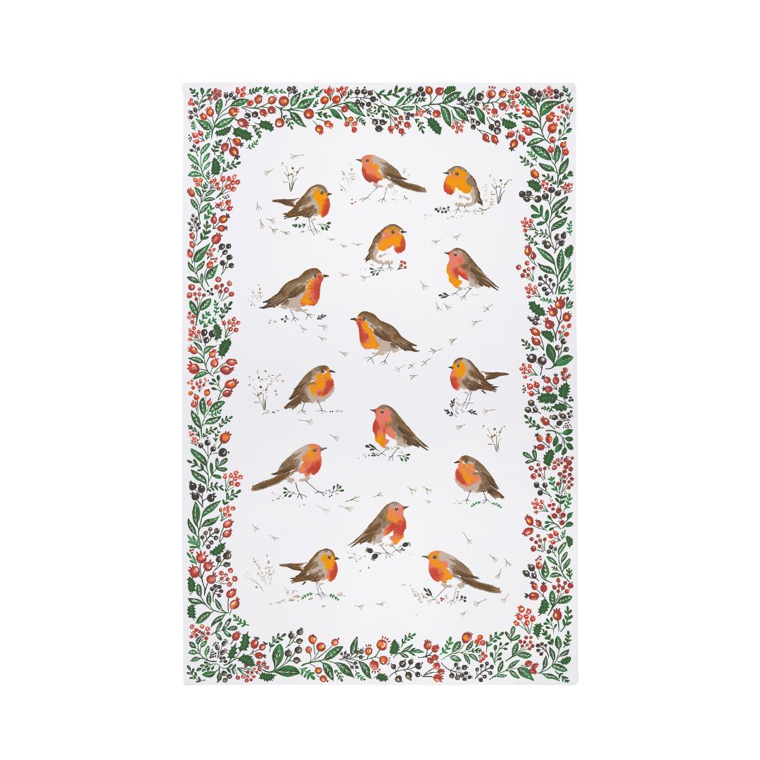 Ulster Weavers Robins & Berry Border Tea Towel White