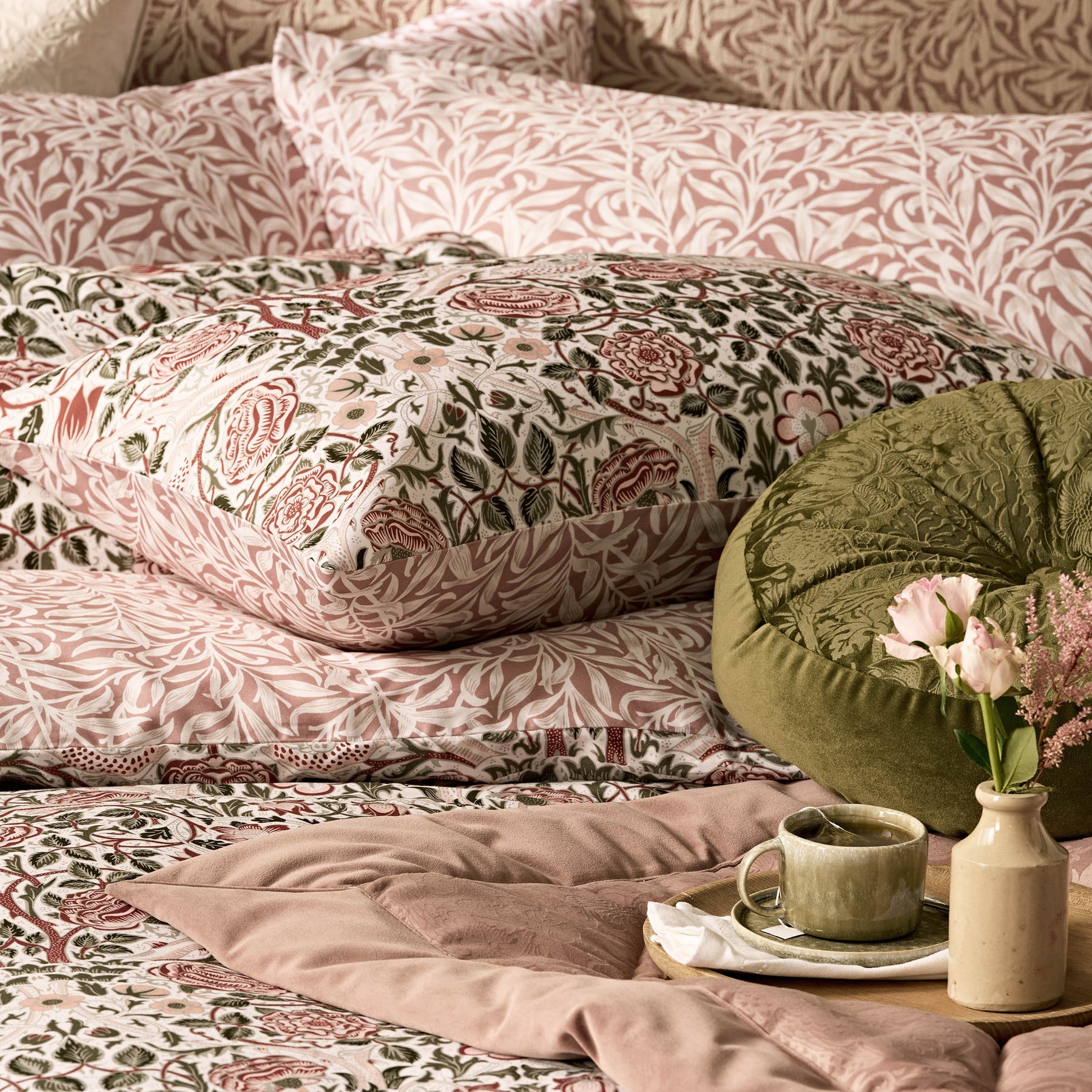 William Morris At Home Rose Brick Pillowcase Housewife Pink Sage