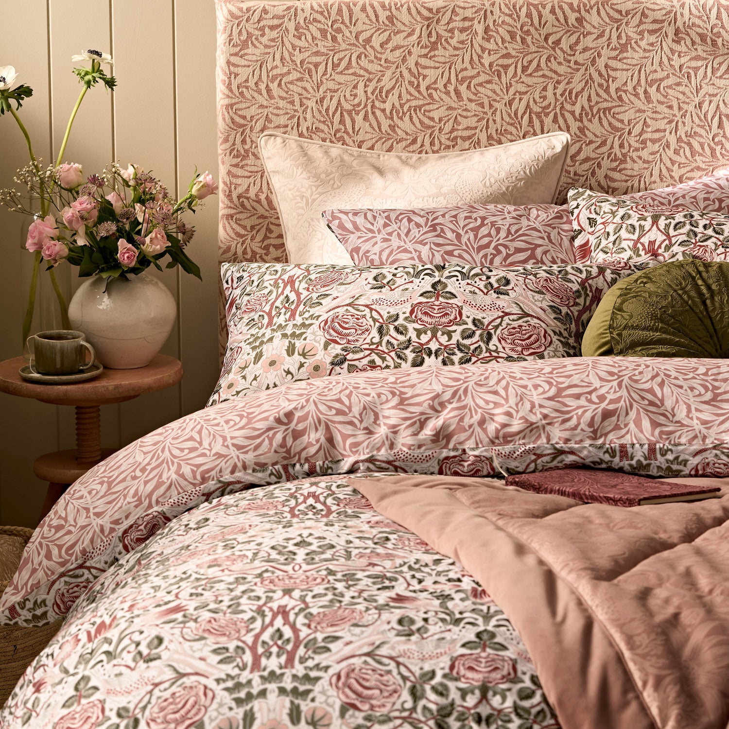 William Morris At Home Rose Brick Pillowcase Housewife Pink Sage