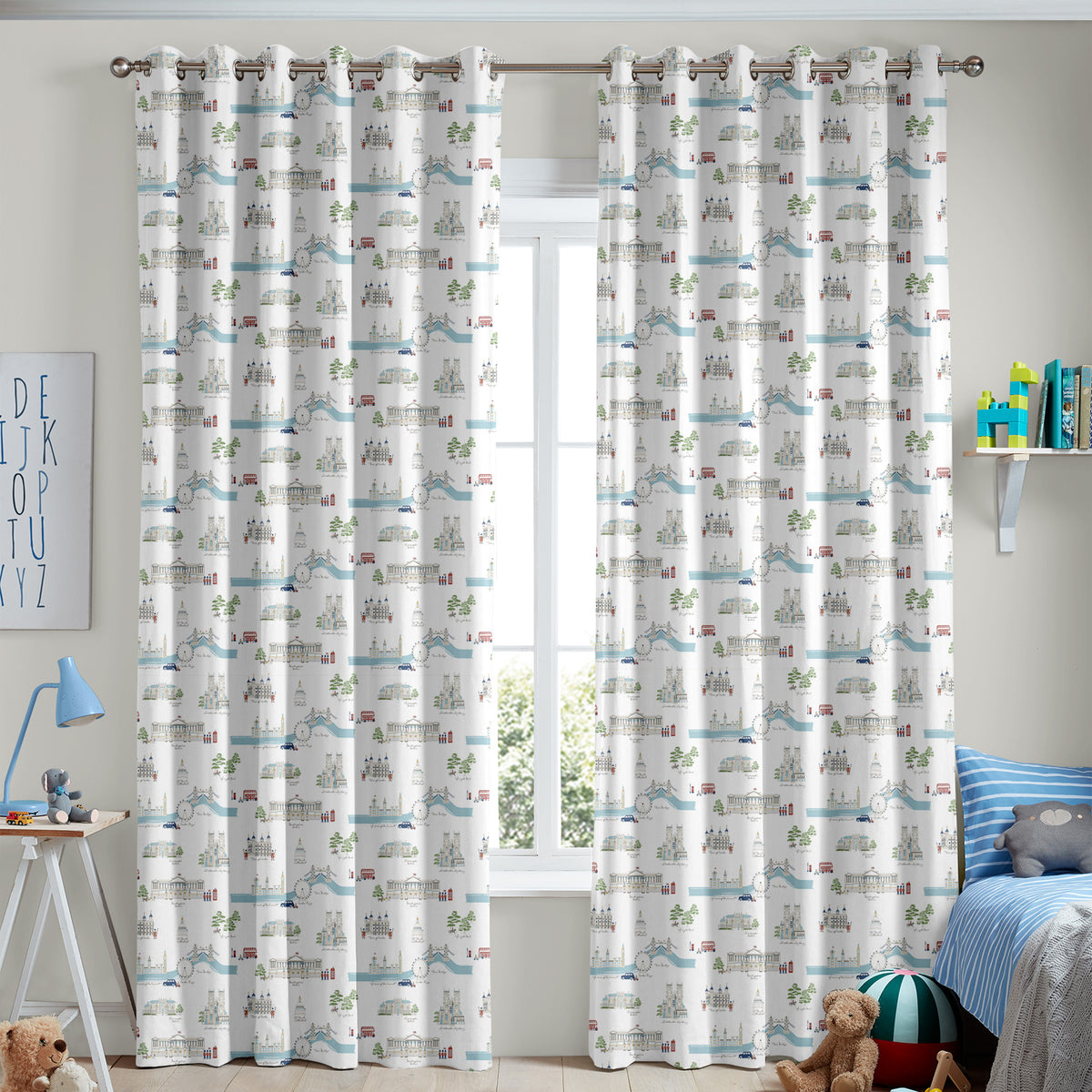 Sophie Allport London Scene Made To Measure Curtains White Blue