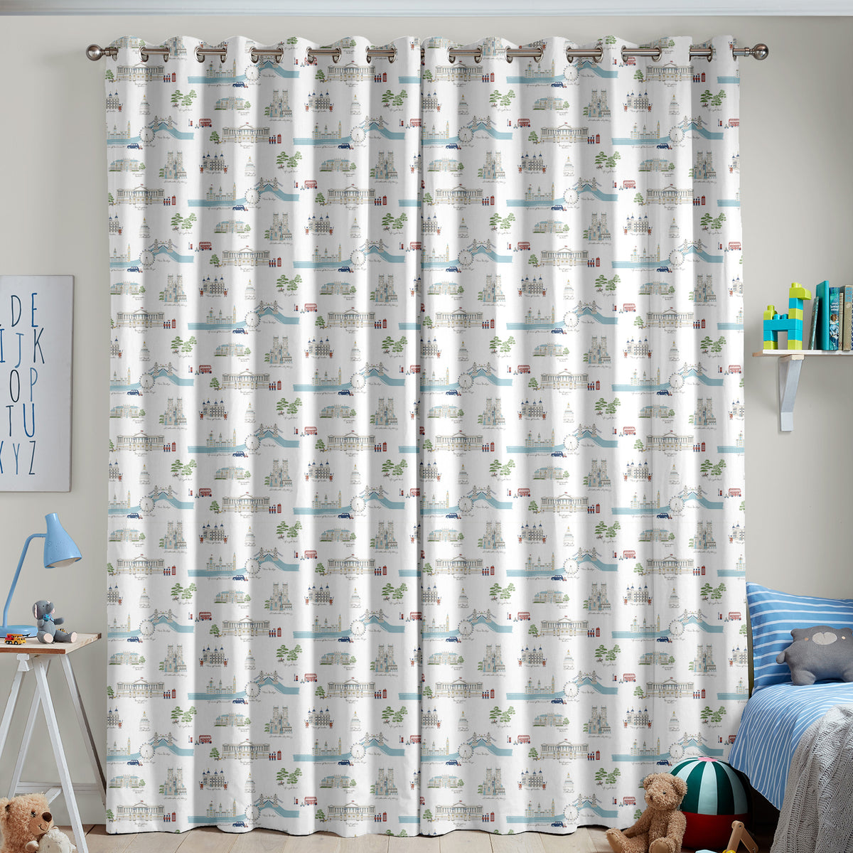 Sophie Allport London Scene Made To Measure Curtains White Blue