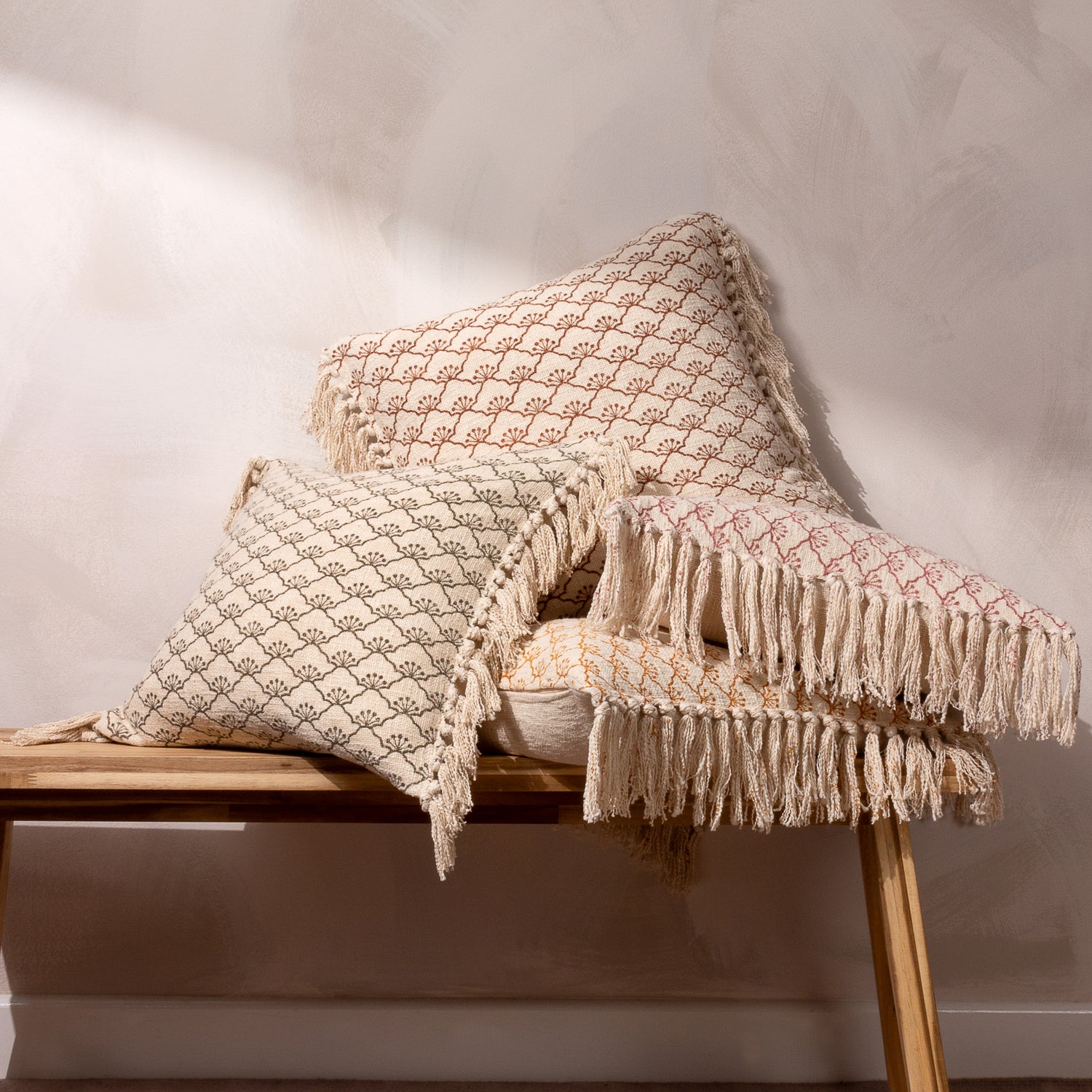 Yard Saku Blossom Fringed Cotton 50cm x 50cm Filled Cushion Kilm Red