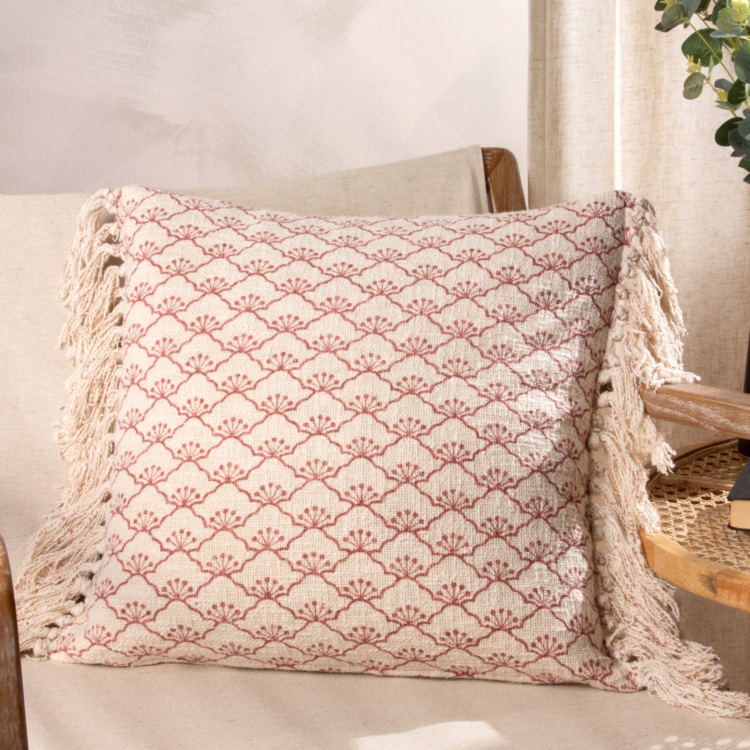 Yard Saku Blossom Fringed Cotton 50cm x 50cm Filled Cushion Kilm Red