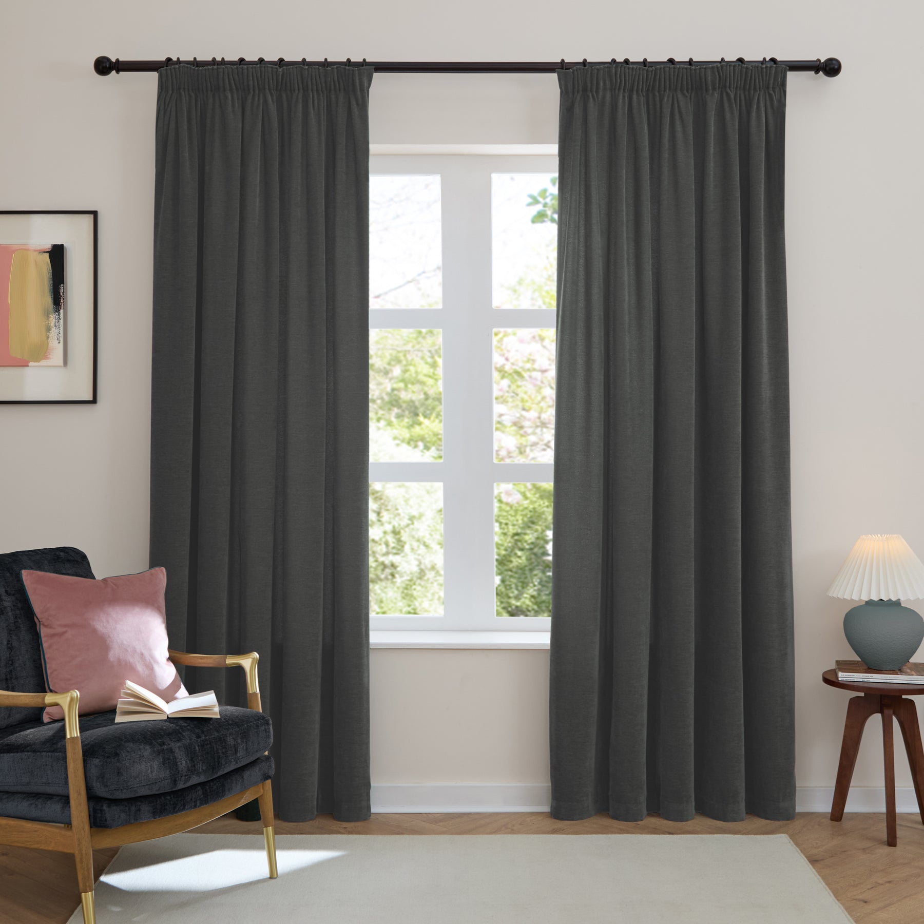 Furn Soft Chenille Ready Made Blackout Curtains Charcoal