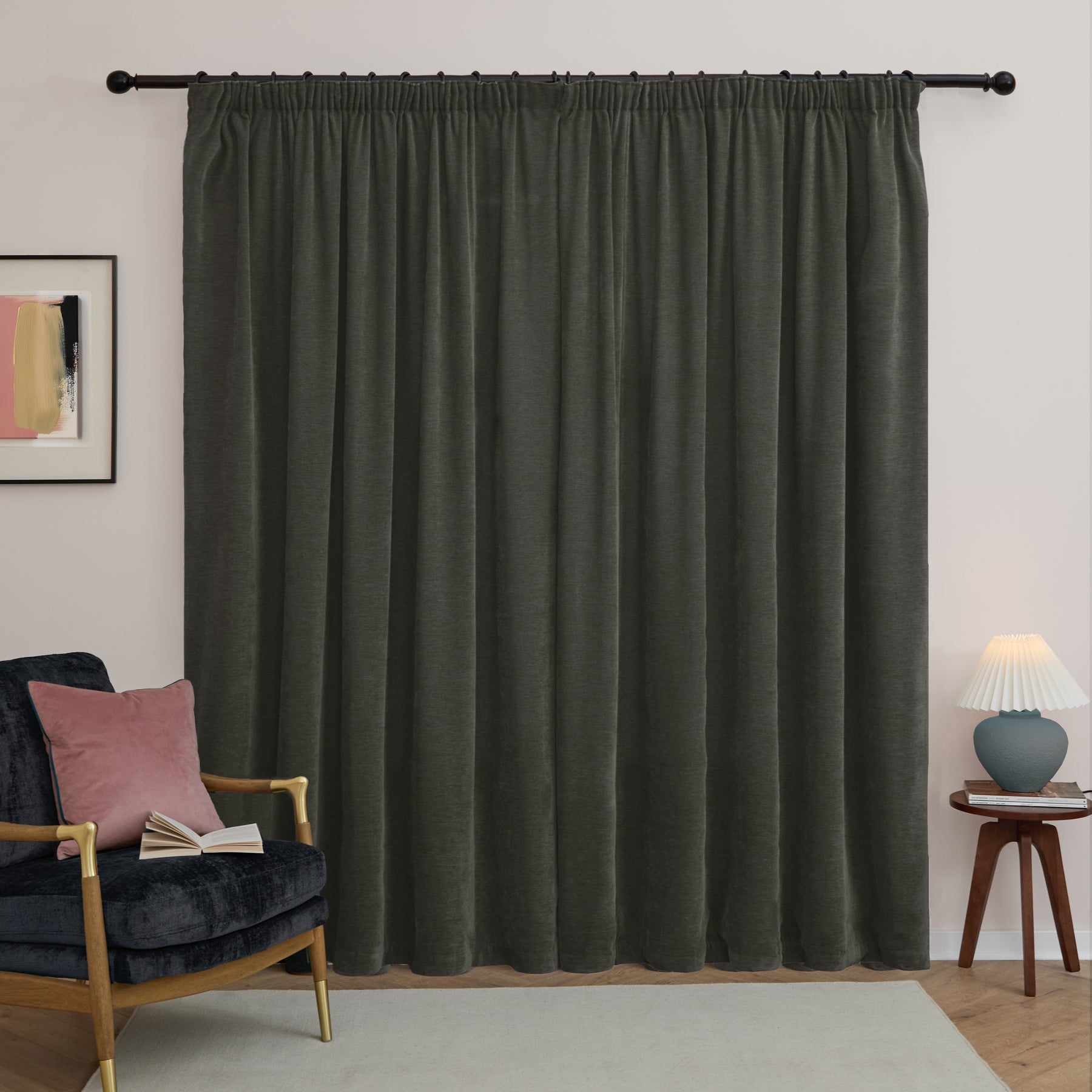 Furn Soft Chenille Ready Made Blackout Curtains Charcoal