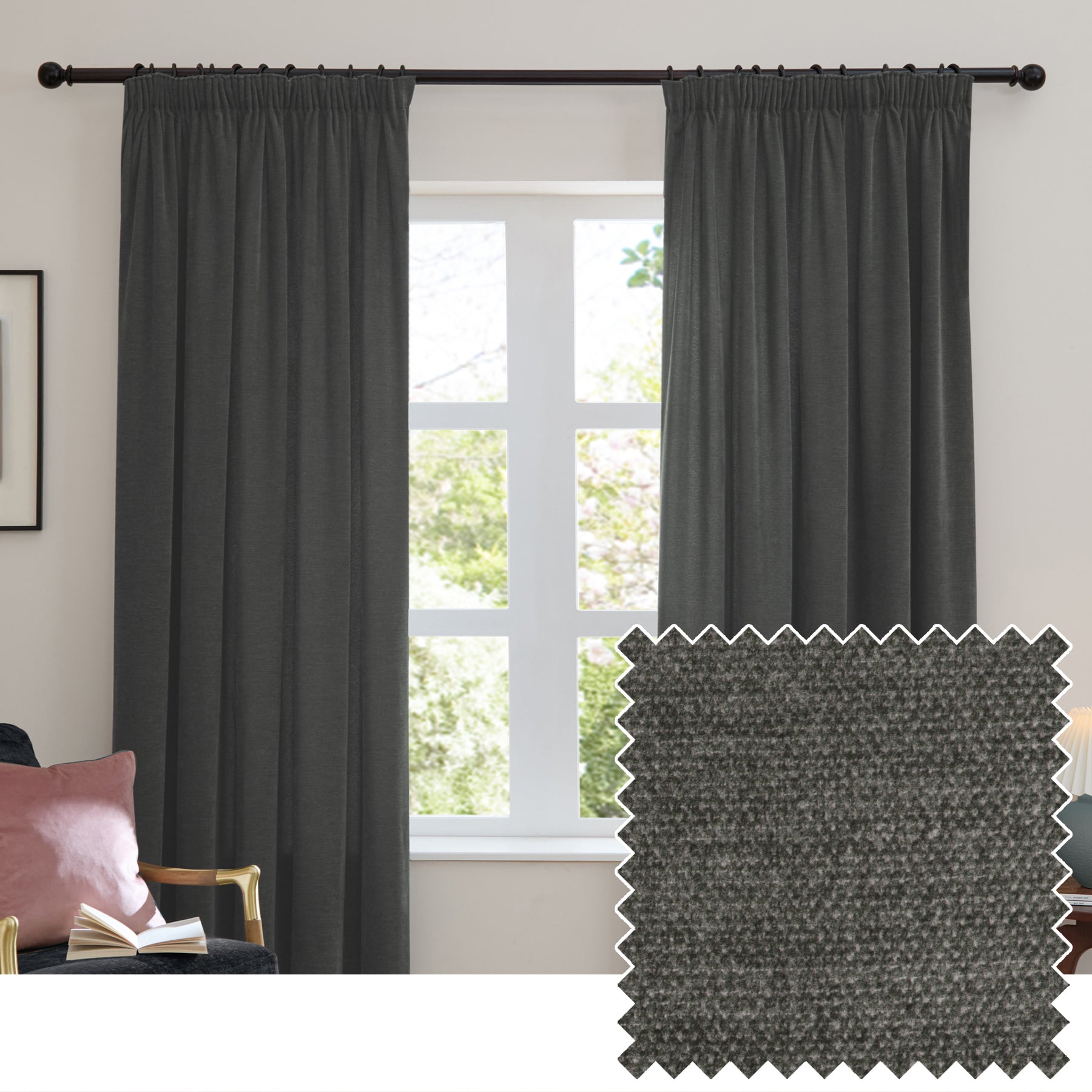 Furn Soft Chenille Ready Made Blackout Curtains Charcoal