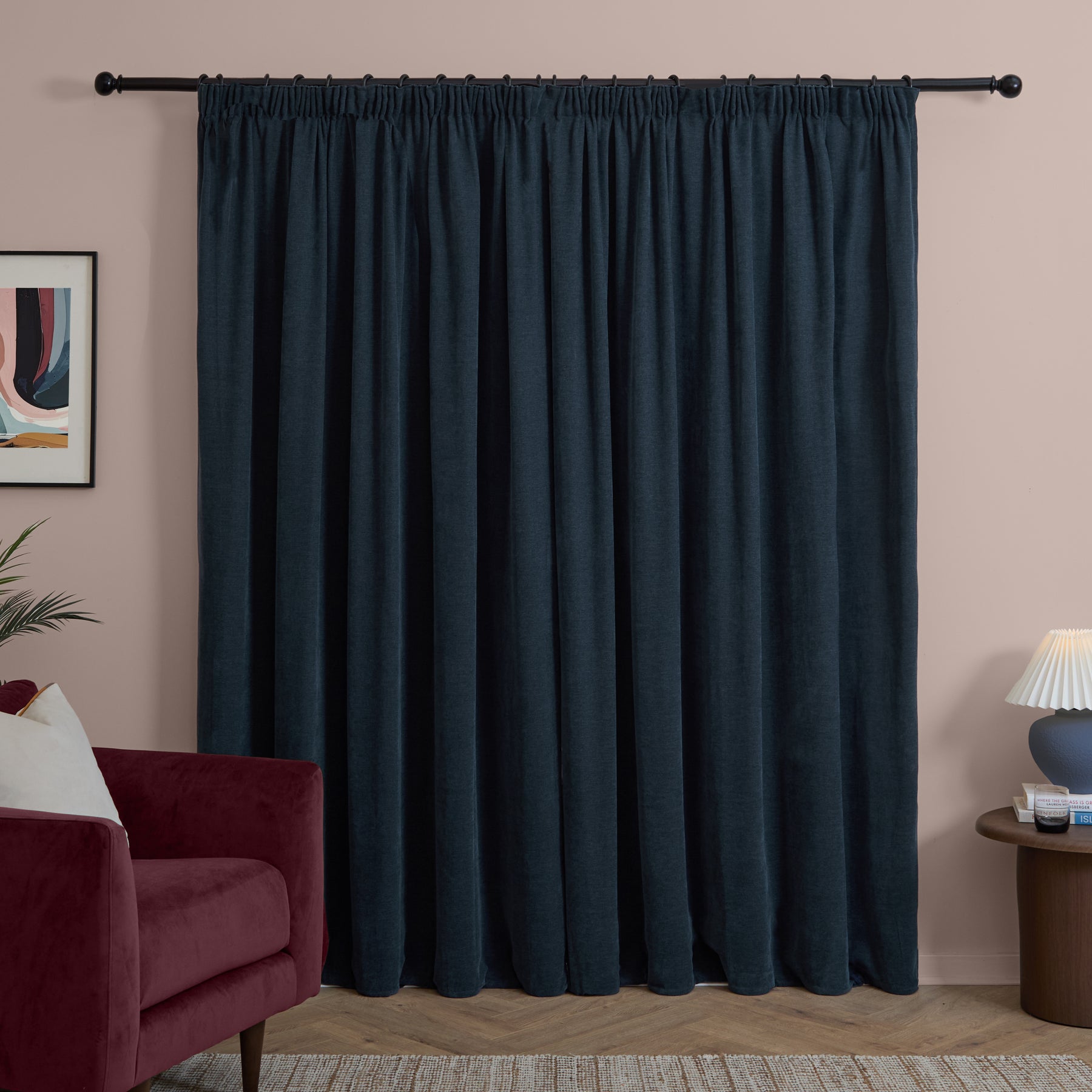 Furn Soft Chenille Ready Made Blackout Curtains Navy