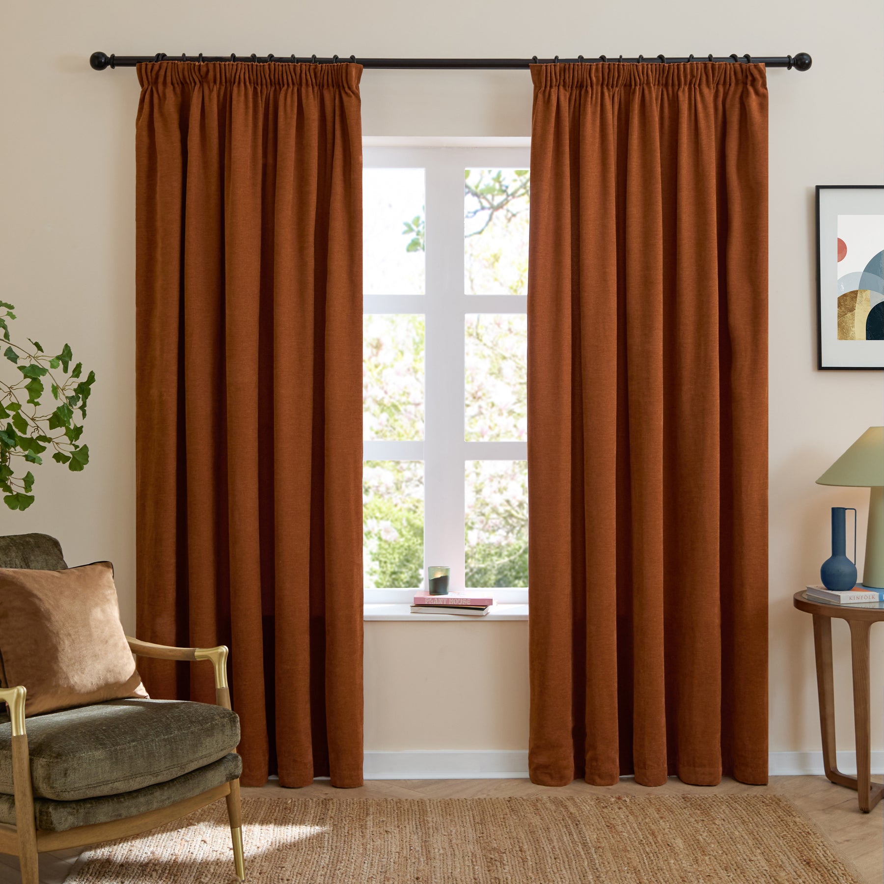 Furn Soft Chenille Ready Made Blackout Curtains Rust