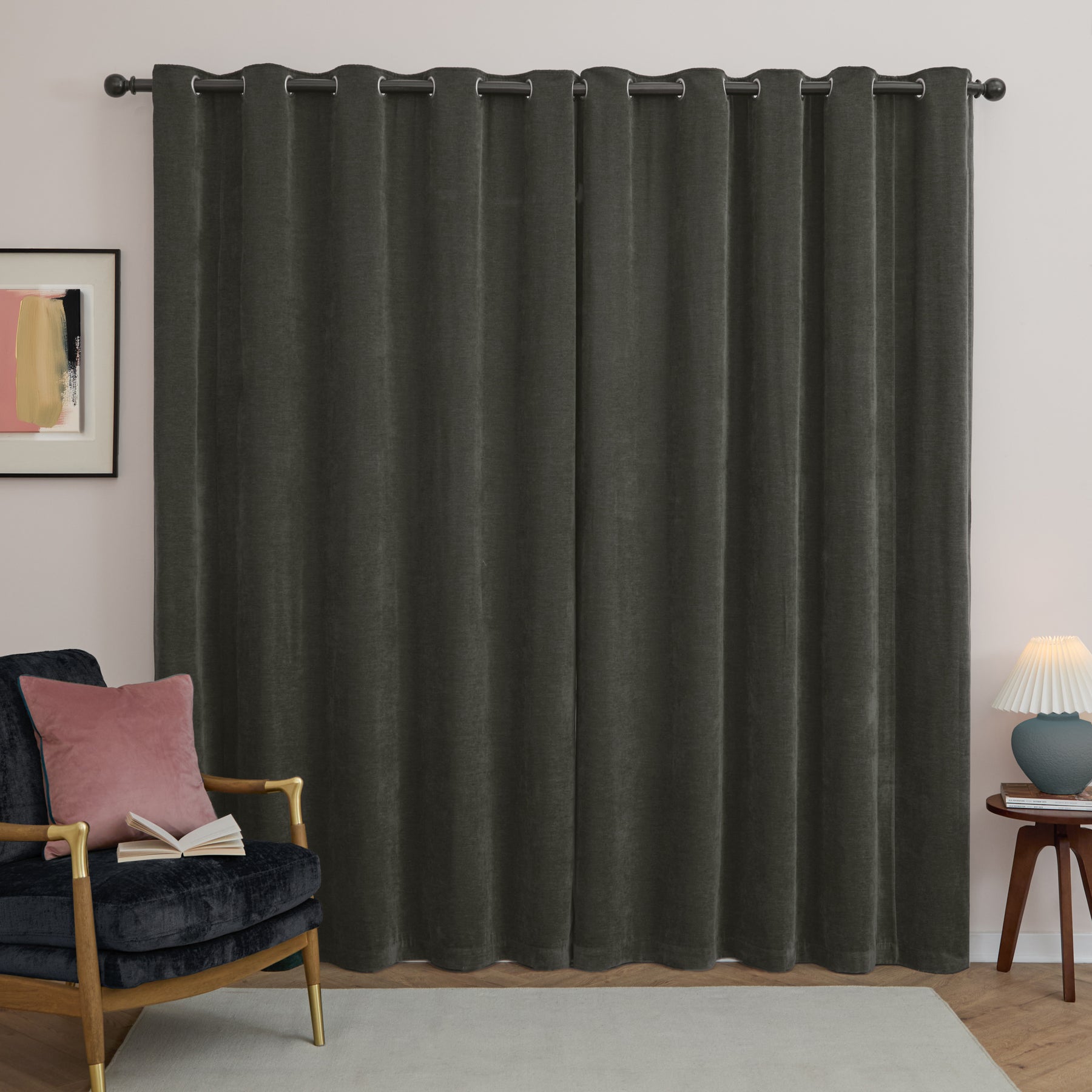 Furn Soft Chenille Ready Made Eyelet Blackout Curtains Charcoal