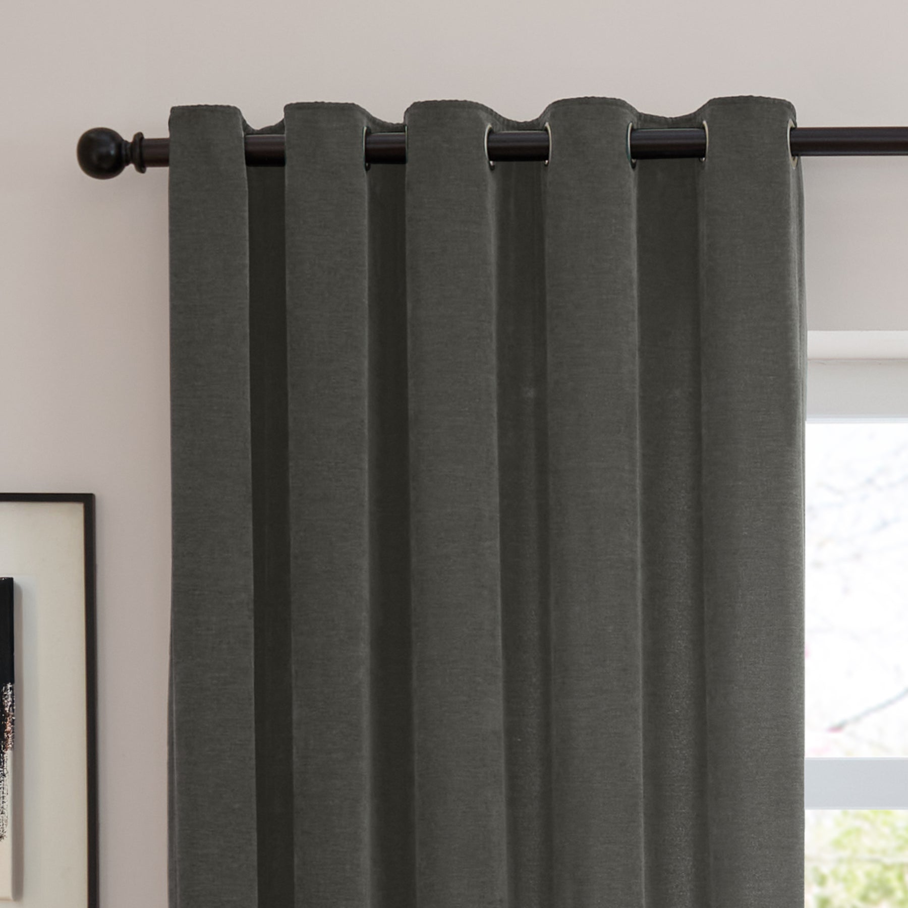 Furn Soft Chenille Ready Made Eyelet Blackout Curtains Charcoal