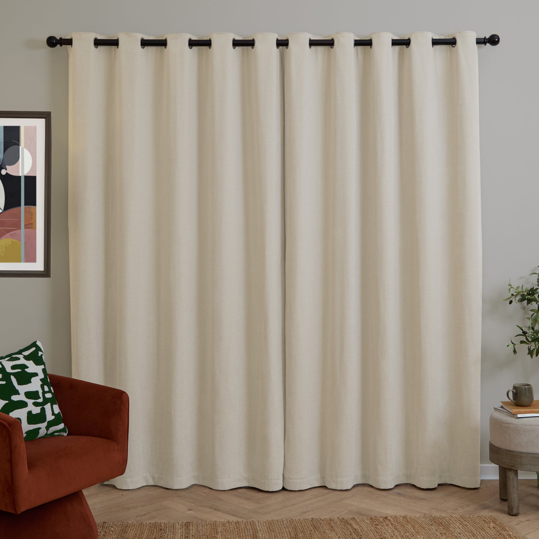 Furn Soft Chenille Ready Made Eyelet Blackout Curtains Ecru