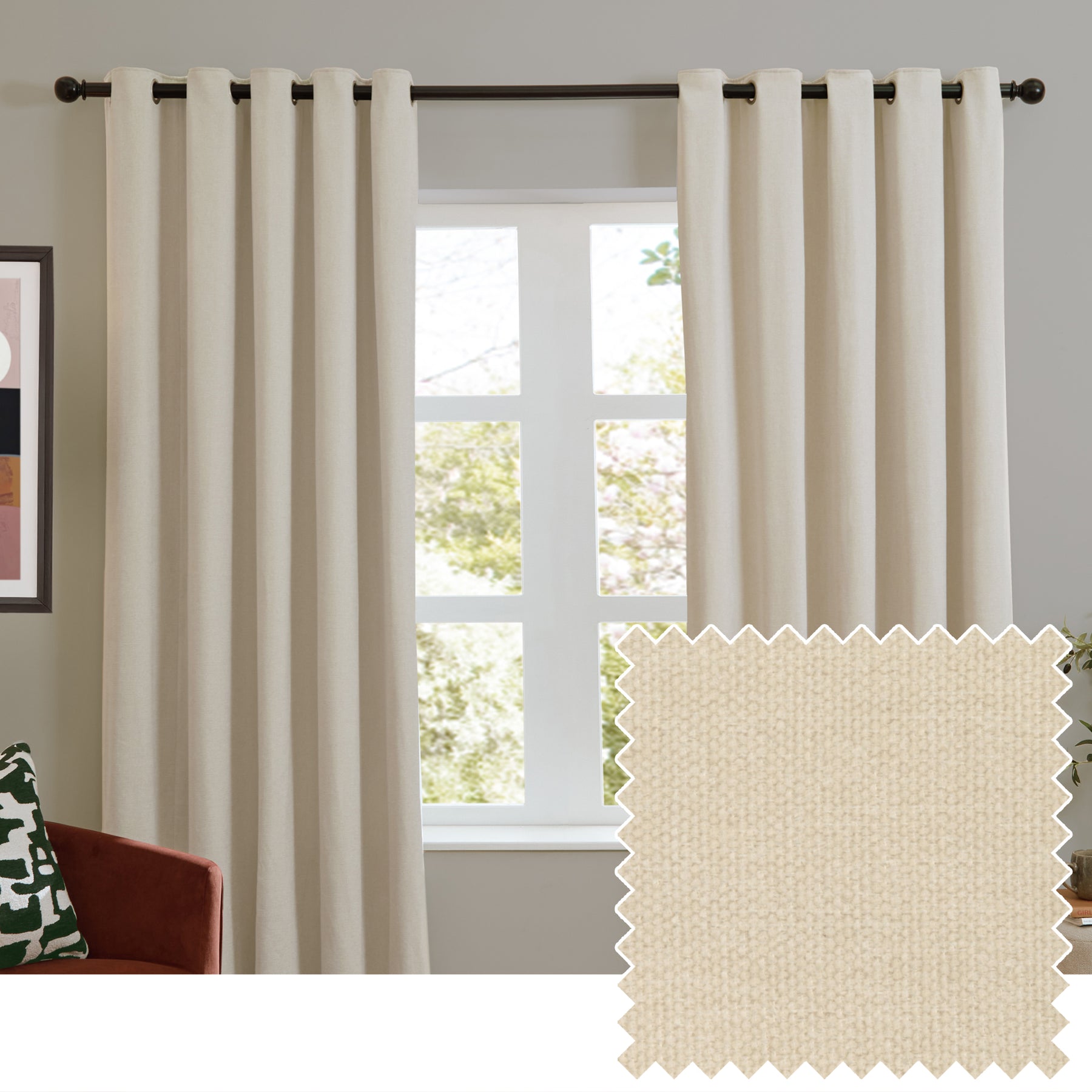 Furn Soft Chenille Ready Made Eyelet Blackout Curtains Ecru
