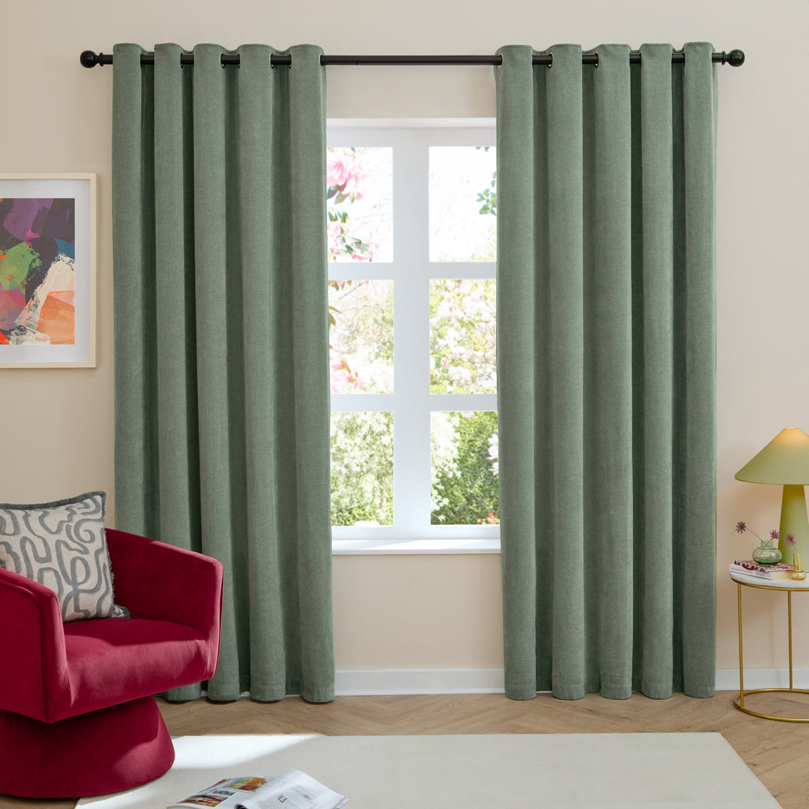 Furn Soft Chenille Ready Made Eyelet Blackout Curtains Green