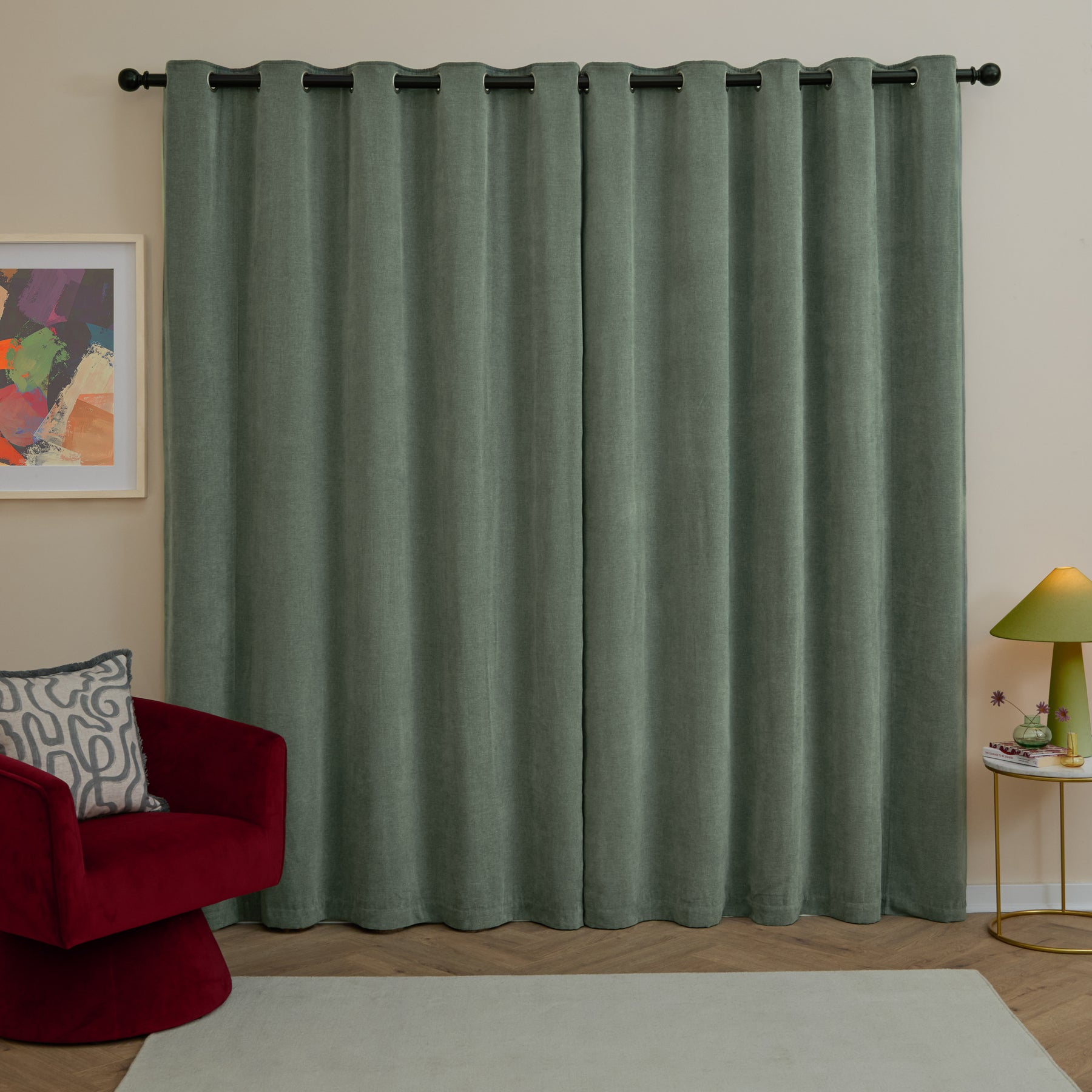 Furn Soft Chenille Ready Made Eyelet Blackout Curtains Green