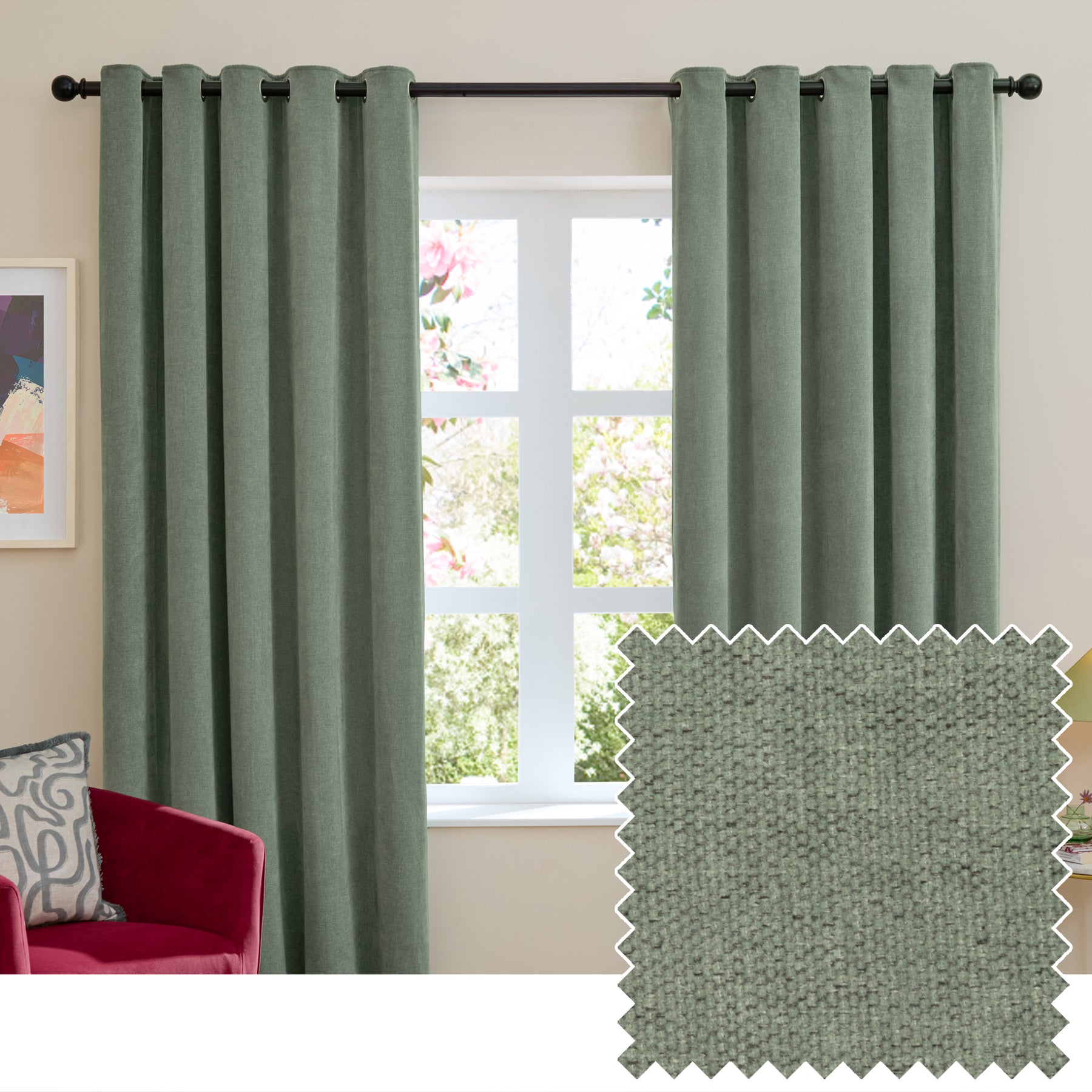 Furn Soft Chenille Ready Made Eyelet Blackout Curtains Green