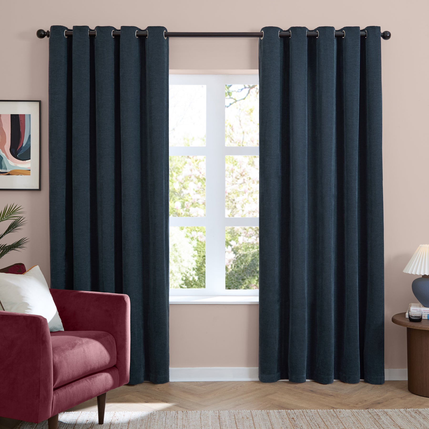 Furn Soft Chenille Ready Made Eyelet Blackout Curtains Navy
