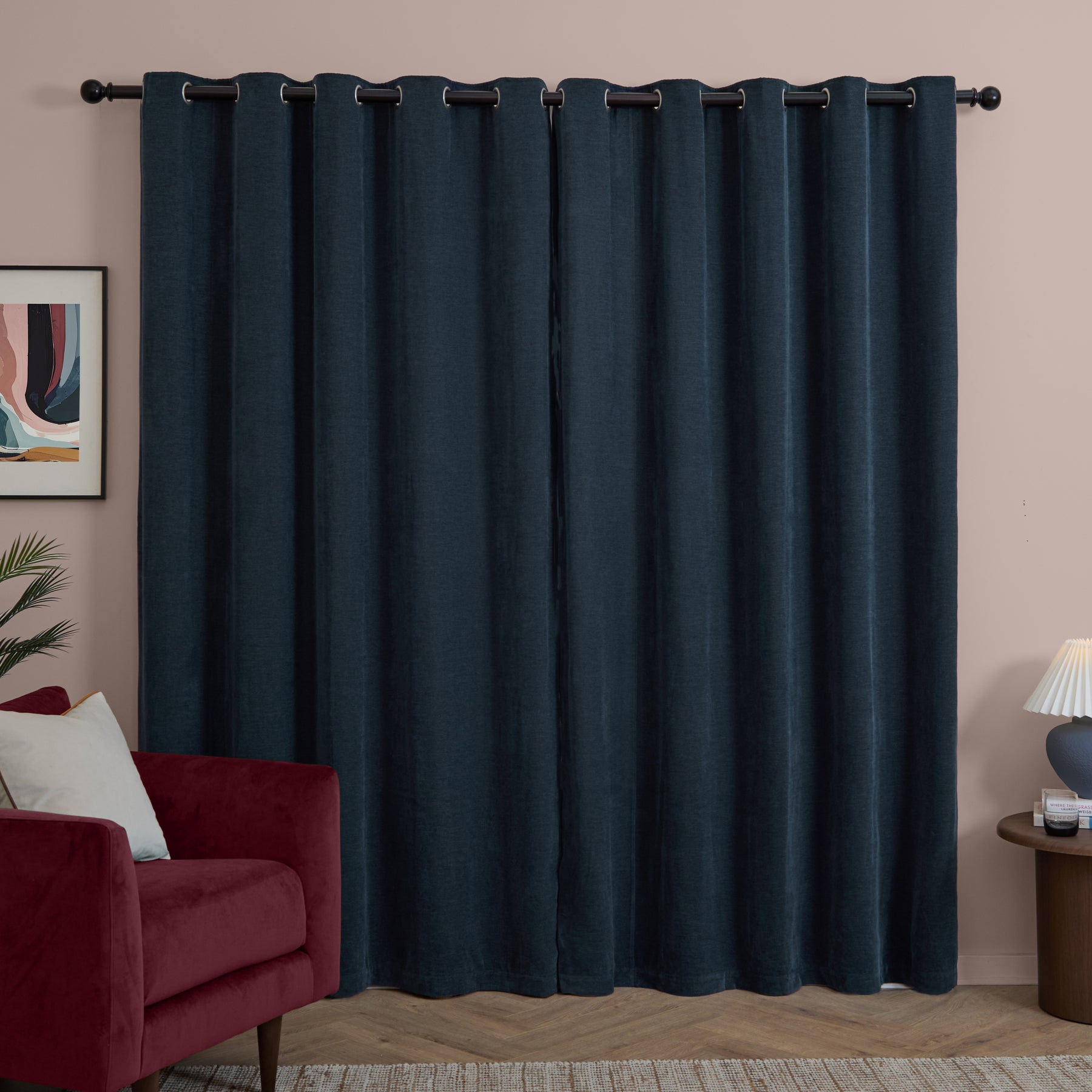 Furn Soft Chenille Ready Made Eyelet Blackout Curtains Navy
