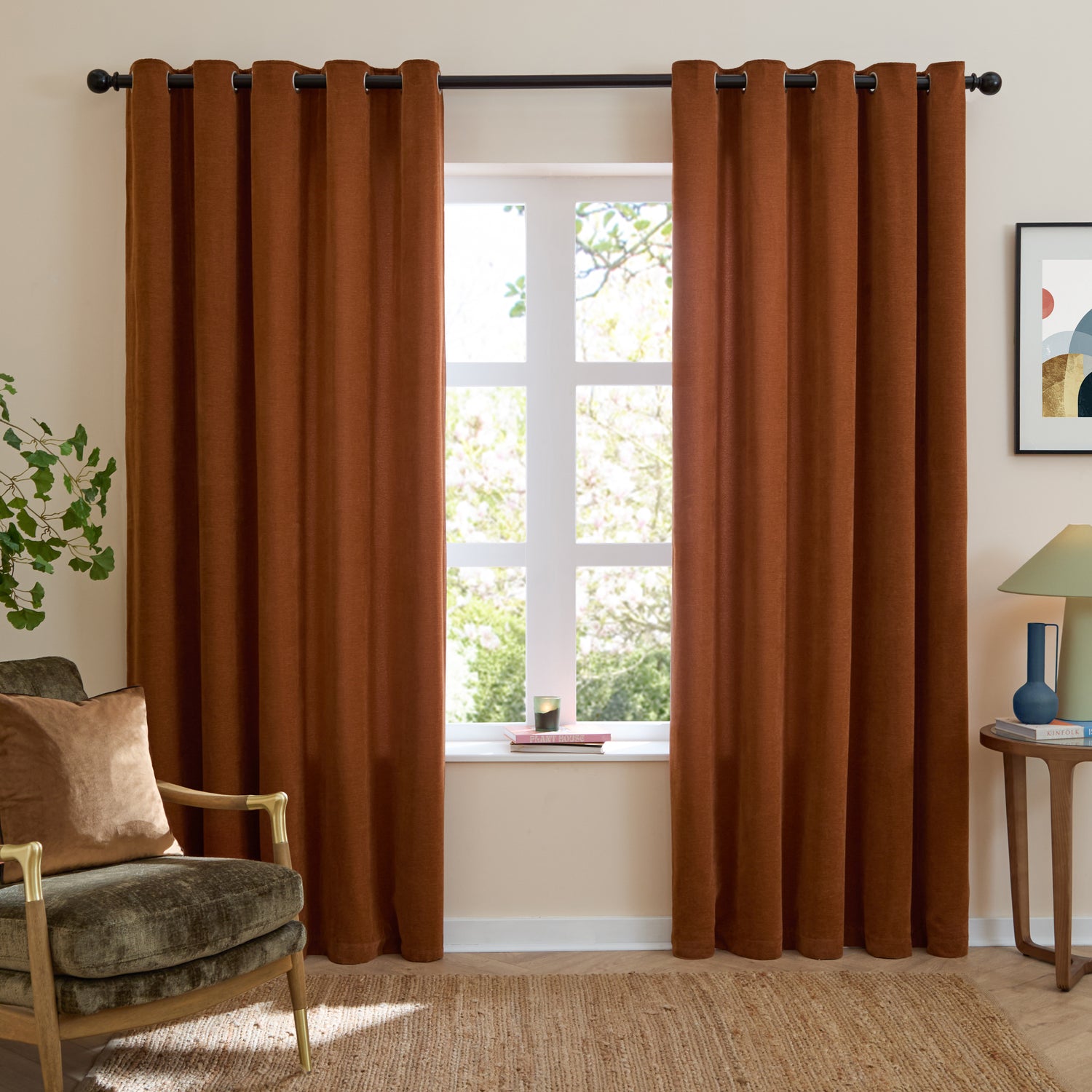 Furn Soft Chenille Ready Made Eyelet Blackout Curtains Rust