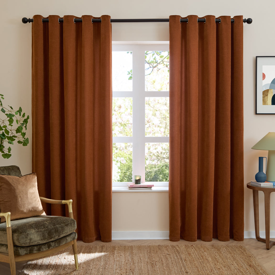 Furn Soft Chenille Ready Made Eyelet Blackout Curtains Rust