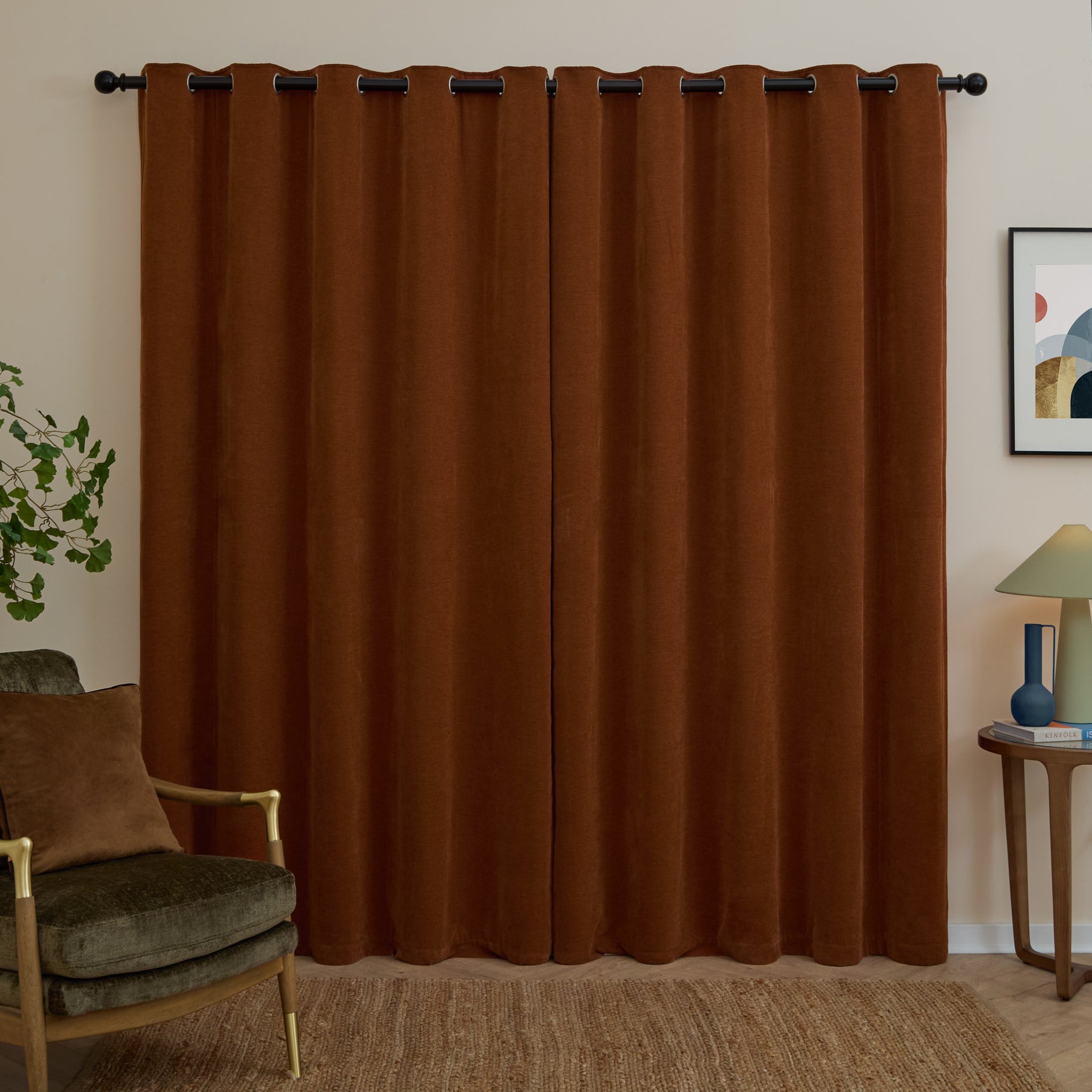 Furn Soft Chenille Ready Made Eyelet Blackout Curtains Rust