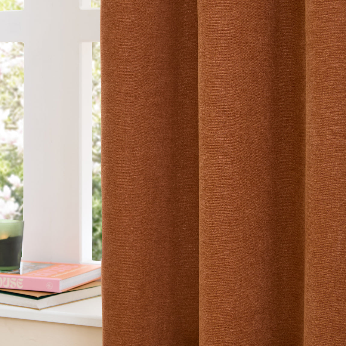 Furn Soft Chenille Ready Made Eyelet Blackout Curtains Rust