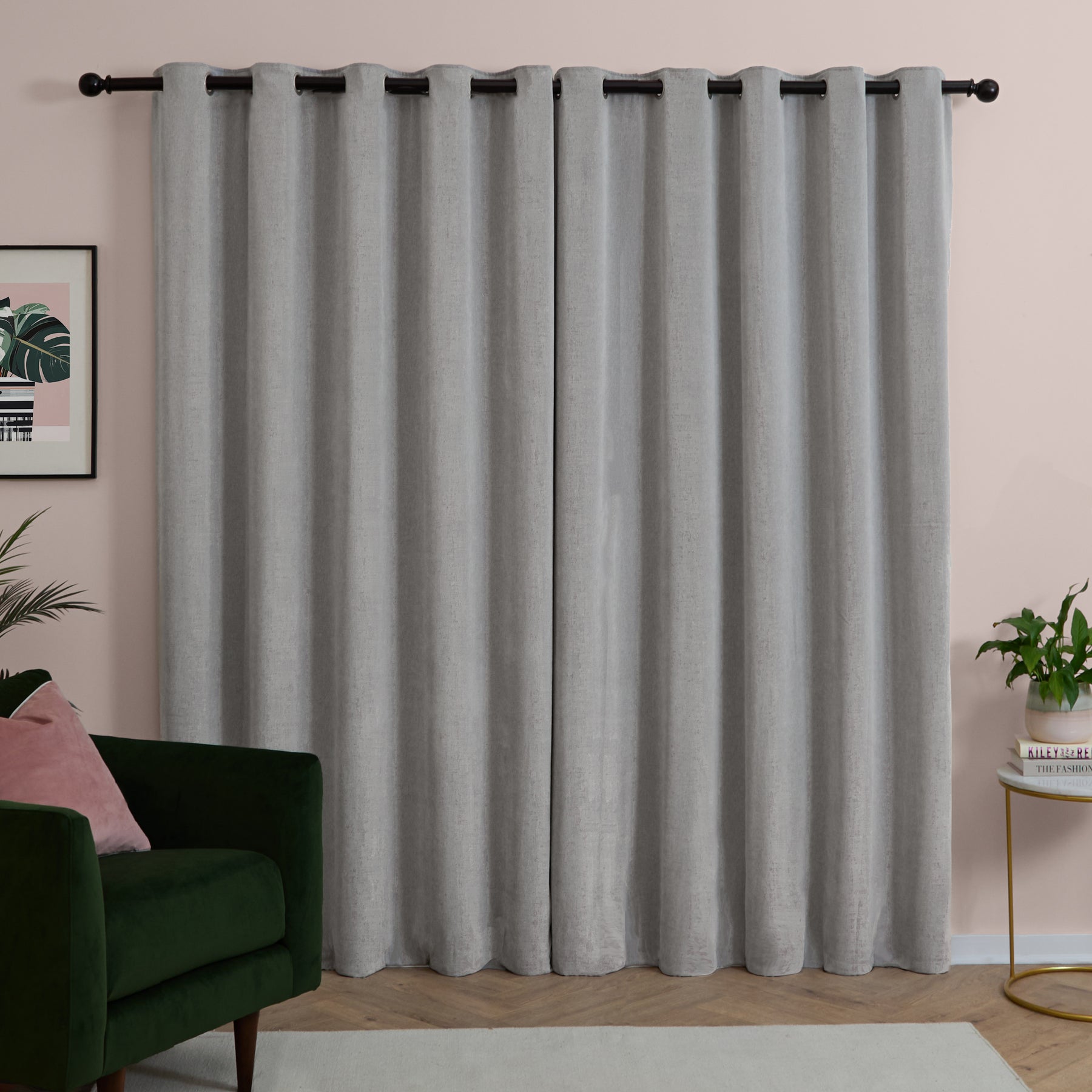 Furn Soft Chenille Ready Made Eyelet Blackout Curtains Silver