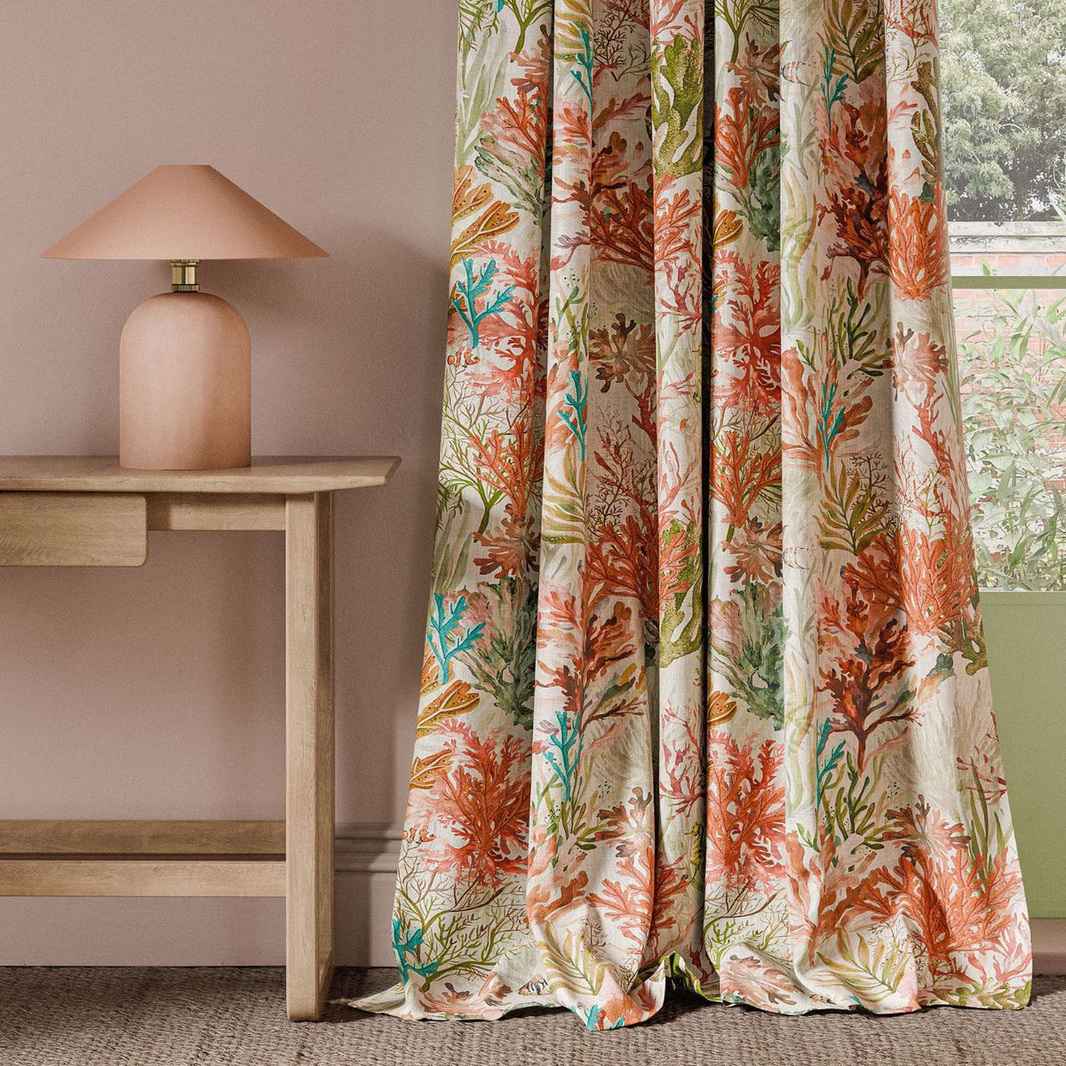 Clarke & Clarke Oceana Embroidered Printed Fabric Coral