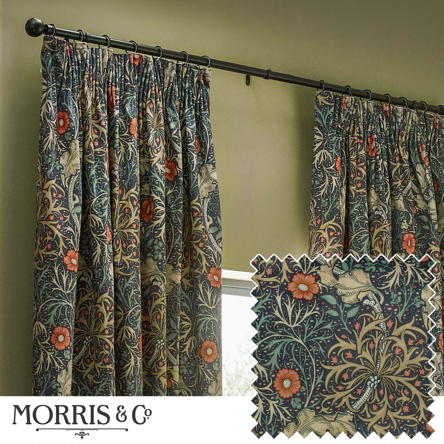 Morris & Co. Seaweed Printed Velvet Ready Made Pencil Pleat Curtains Indigo