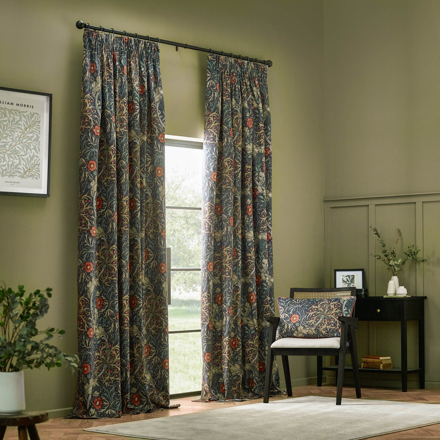 Morris & Co. Seaweed Printed Velvet Ready Made Pencil Pleat Curtains Indigo