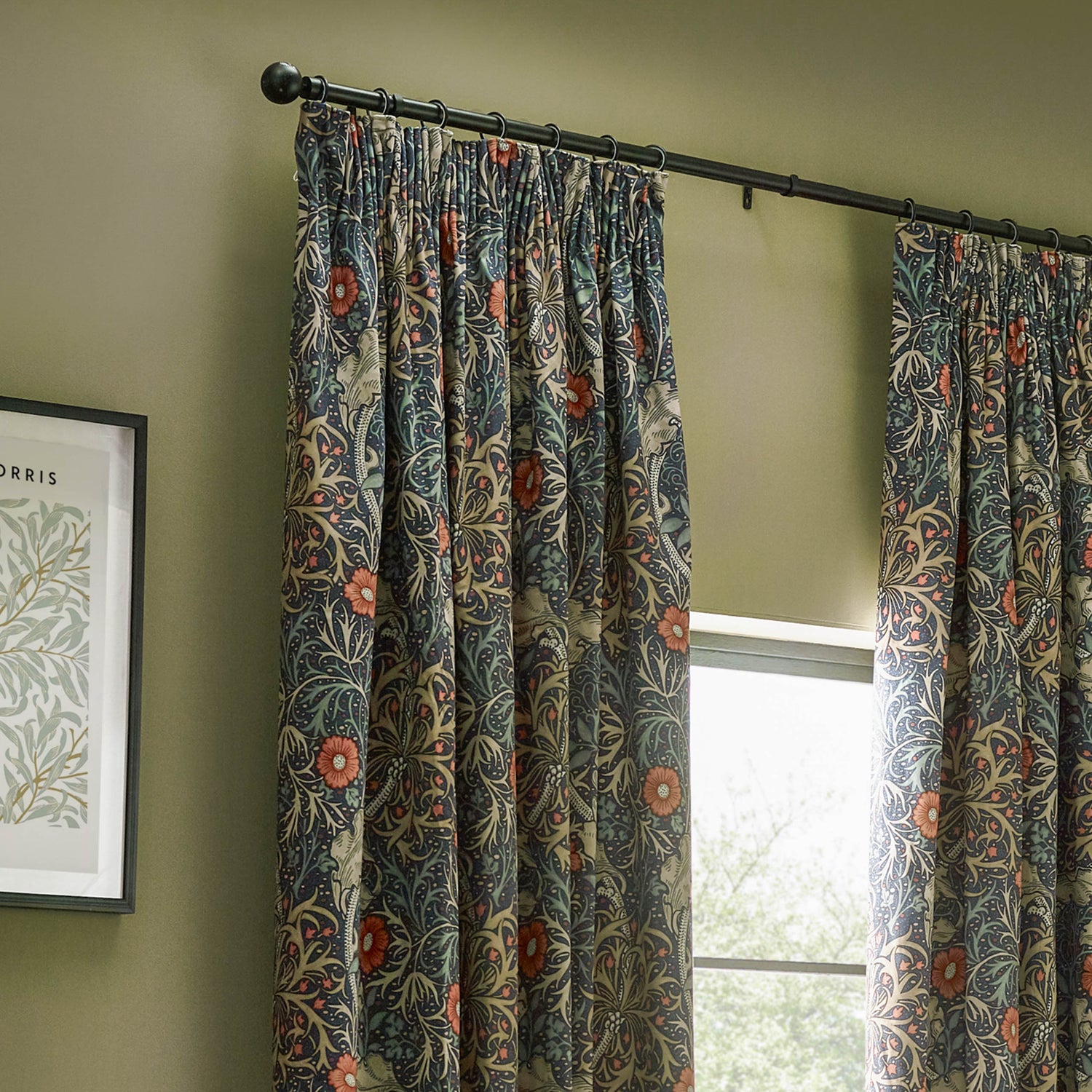 Morris & Co. Seaweed Printed Velvet Ready Made Pencil Pleat Curtains Indigo