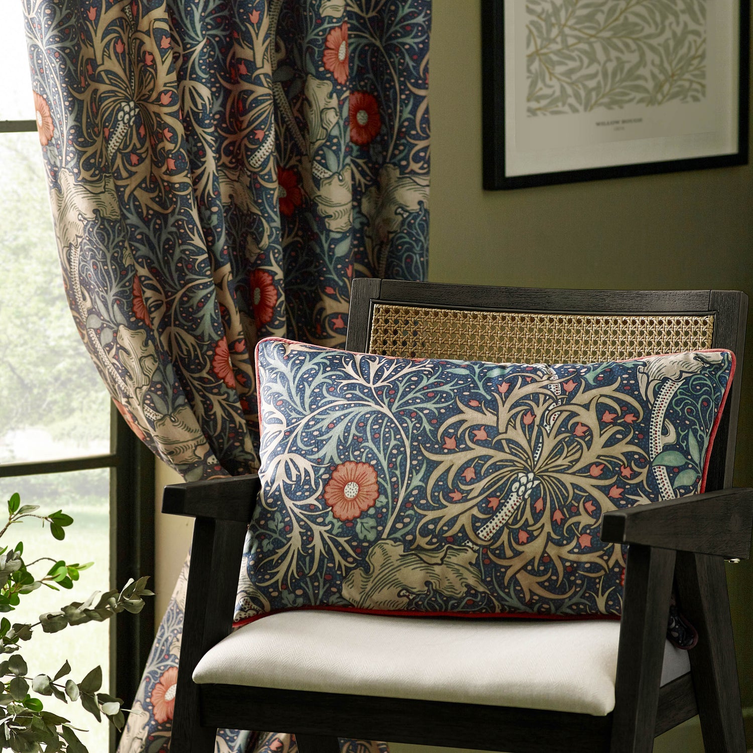 Morris & Co. Seaweed Printed Velvet Ready Made Pencil Pleat Curtains Indigo