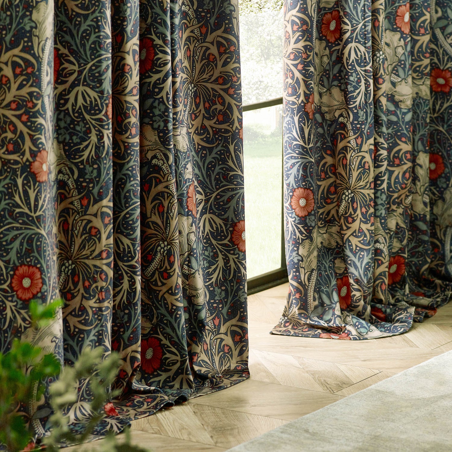 Morris & Co. Seaweed Printed Velvet Ready Made Pencil Pleat Curtains Indigo