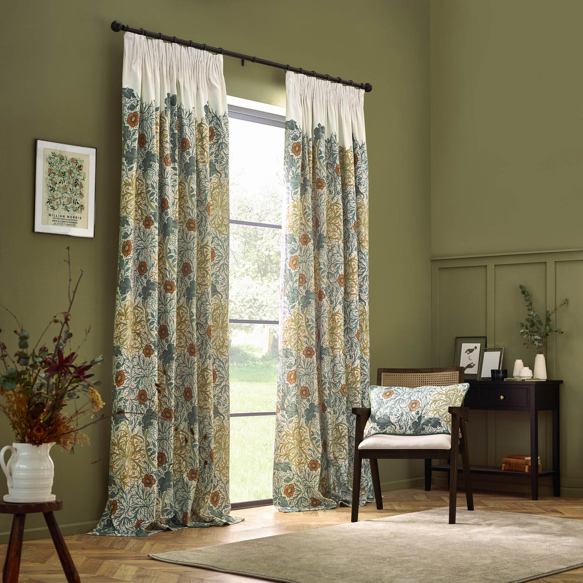 Morris & Co. Seaweed Printed Velvet Ready Made Pencil Pleat Curtains Stone Sunflower