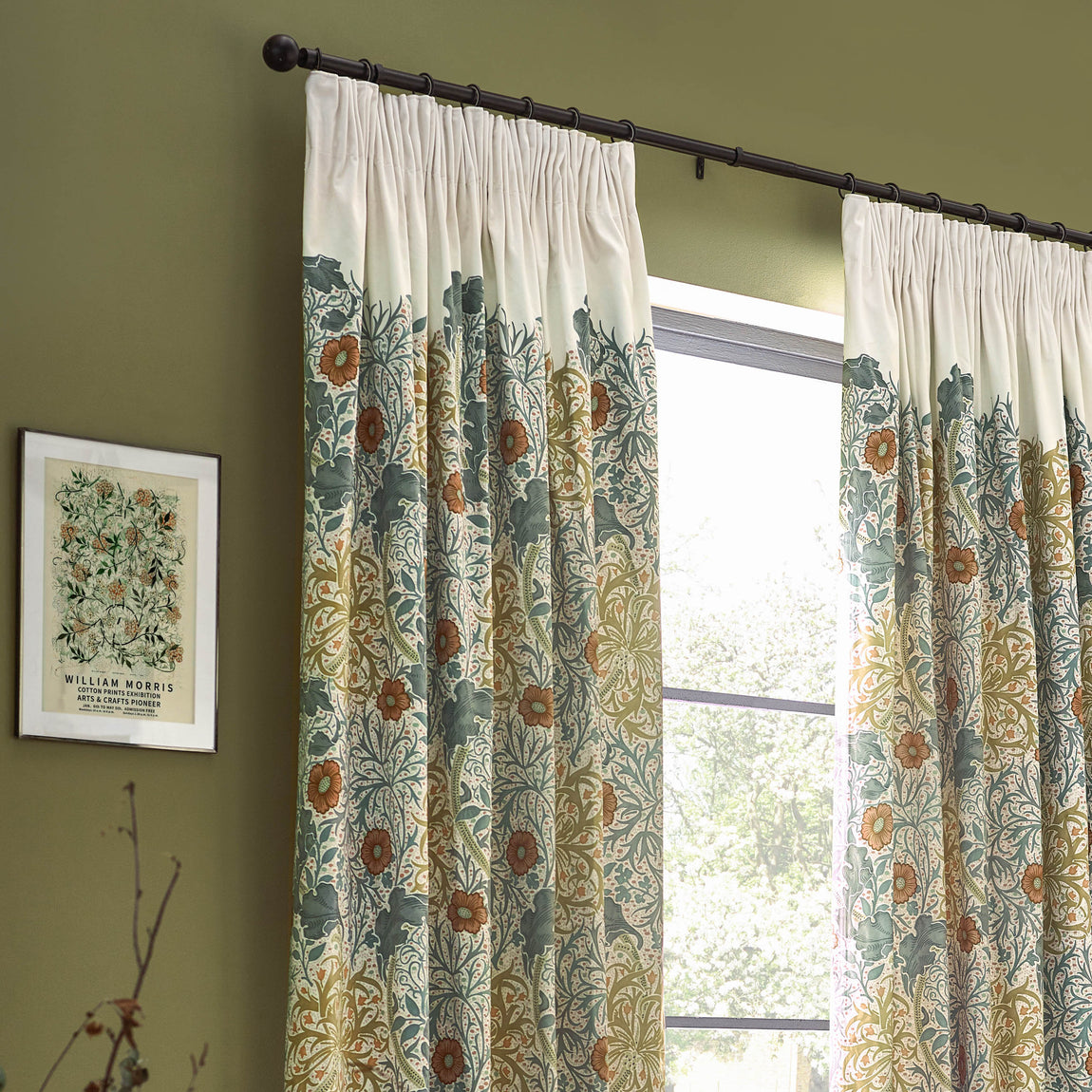 Morris & Co. Seaweed Printed Velvet Ready Made Pencil Pleat Curtains Stone Sunflower