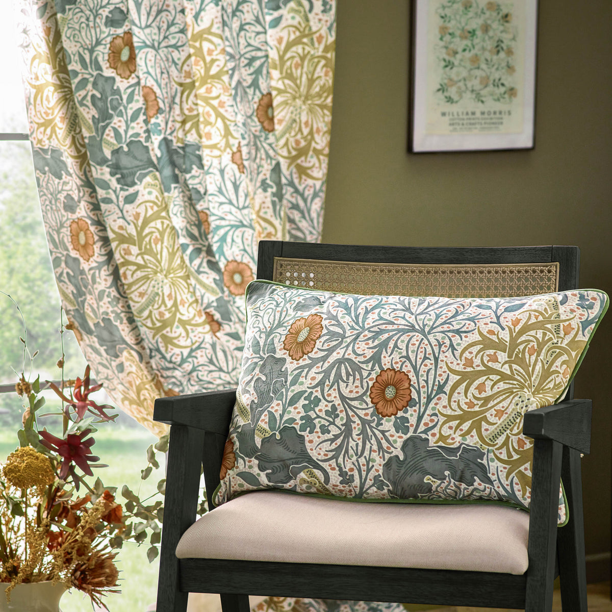 Morris & Co. Seaweed Printed Velvet Ready Made Pencil Pleat Curtains Stone Sunflower