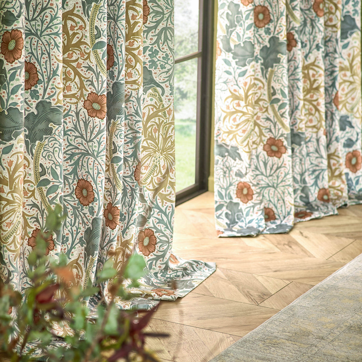 Morris & Co. Seaweed Printed Velvet Ready Made Pencil Pleat Curtains Stone Sunflower