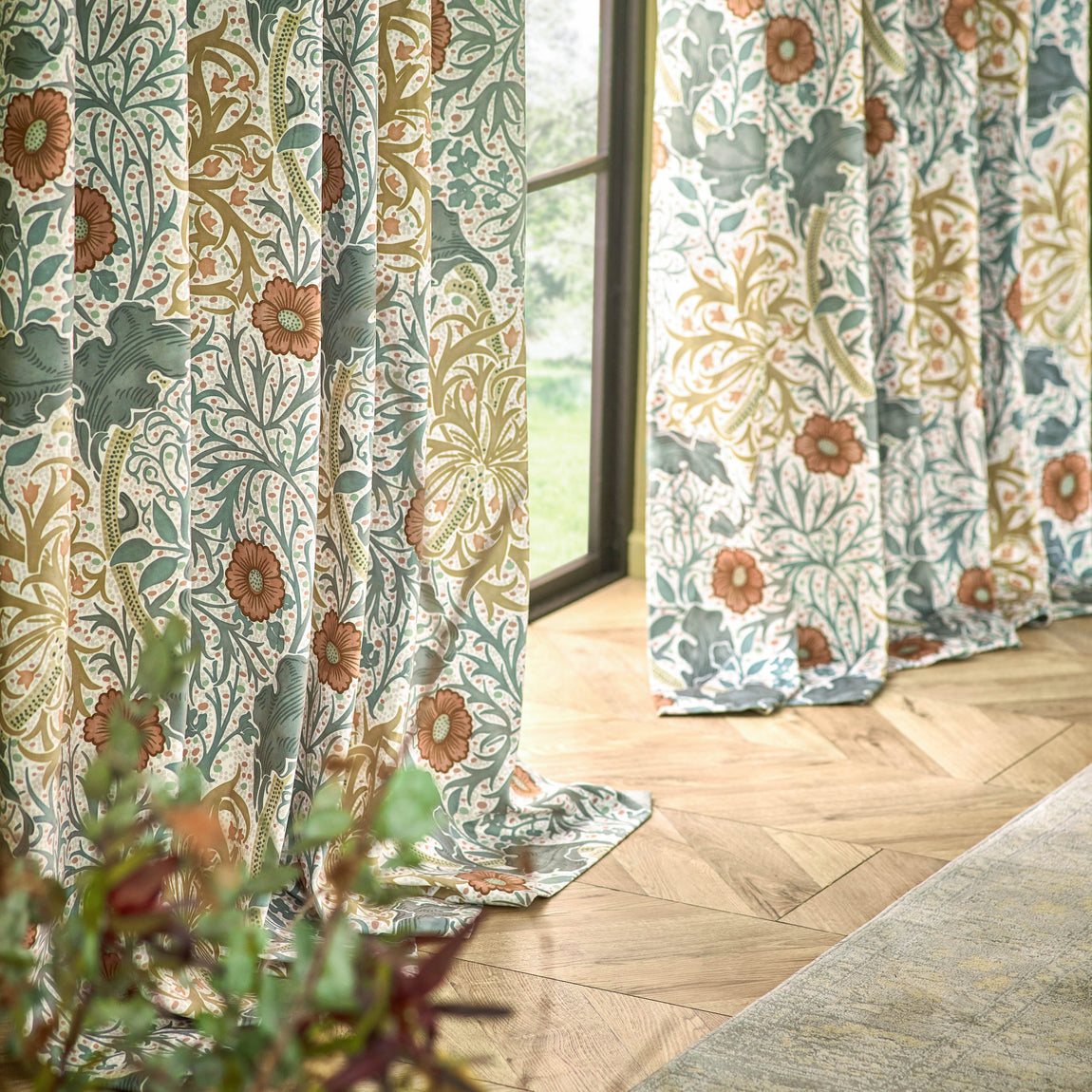 Morris & Co. Seaweed Printed Velvet Ready Made Pencil Pleat Curtains Stone Sunflower
