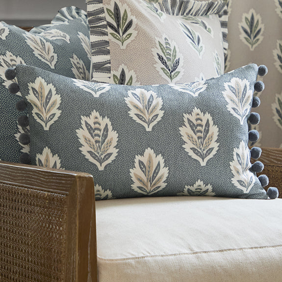 Sanderson Sessile Leaf Pom Pom Trim Printed 30cm x 50cm Filled Boudoir Delph Blue